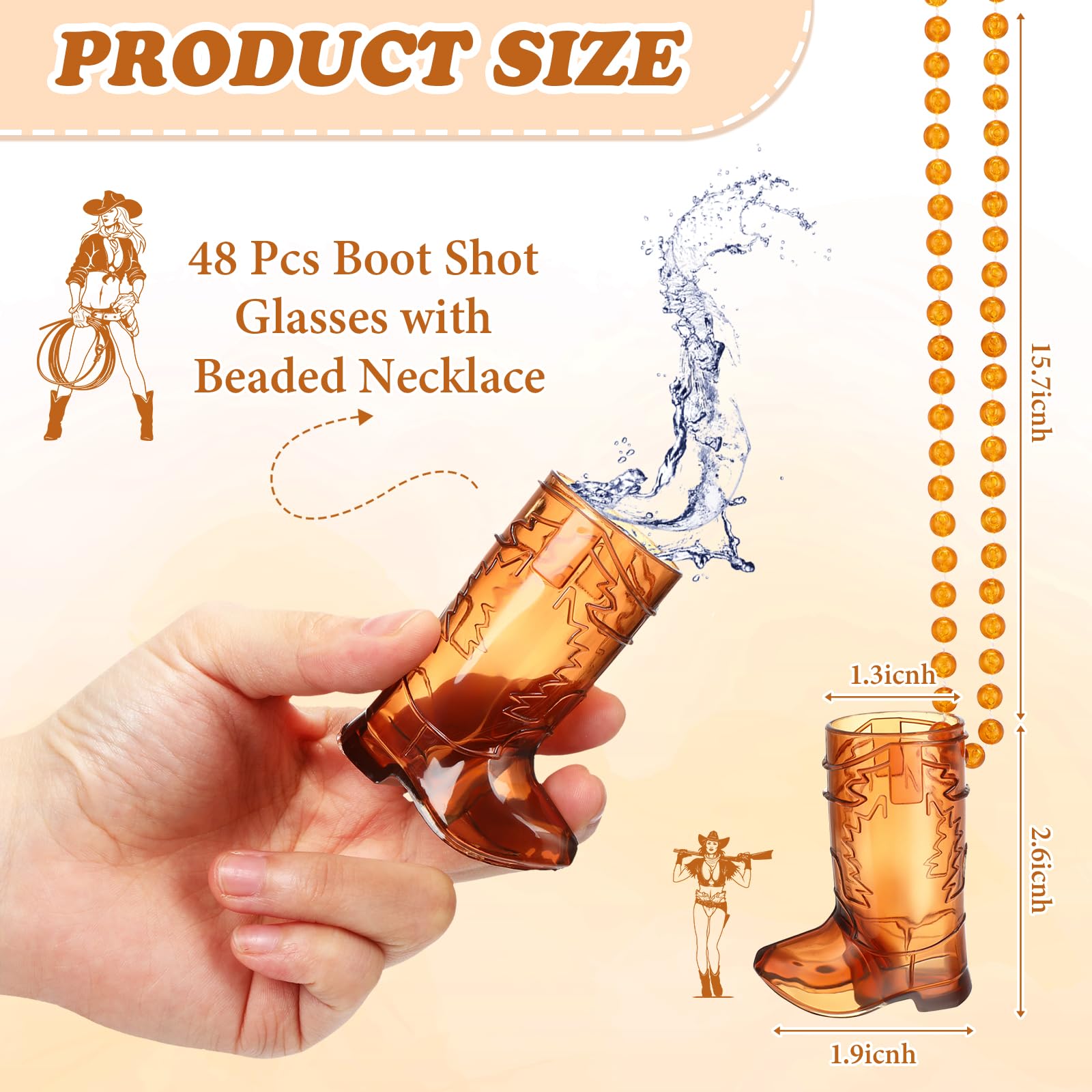 48 Pcs Plastic Cowgirl Shot Glass Necklace - Beaded Boot Shooter Cups for Bachelorette Parties, Weddings & Carnival Events - Fun Bridal Shower, Birthday & Western Theme Party Supplies (Transparent Brown) - Perfect for Country Bars, Themed Celebrations & Group Drinking Games