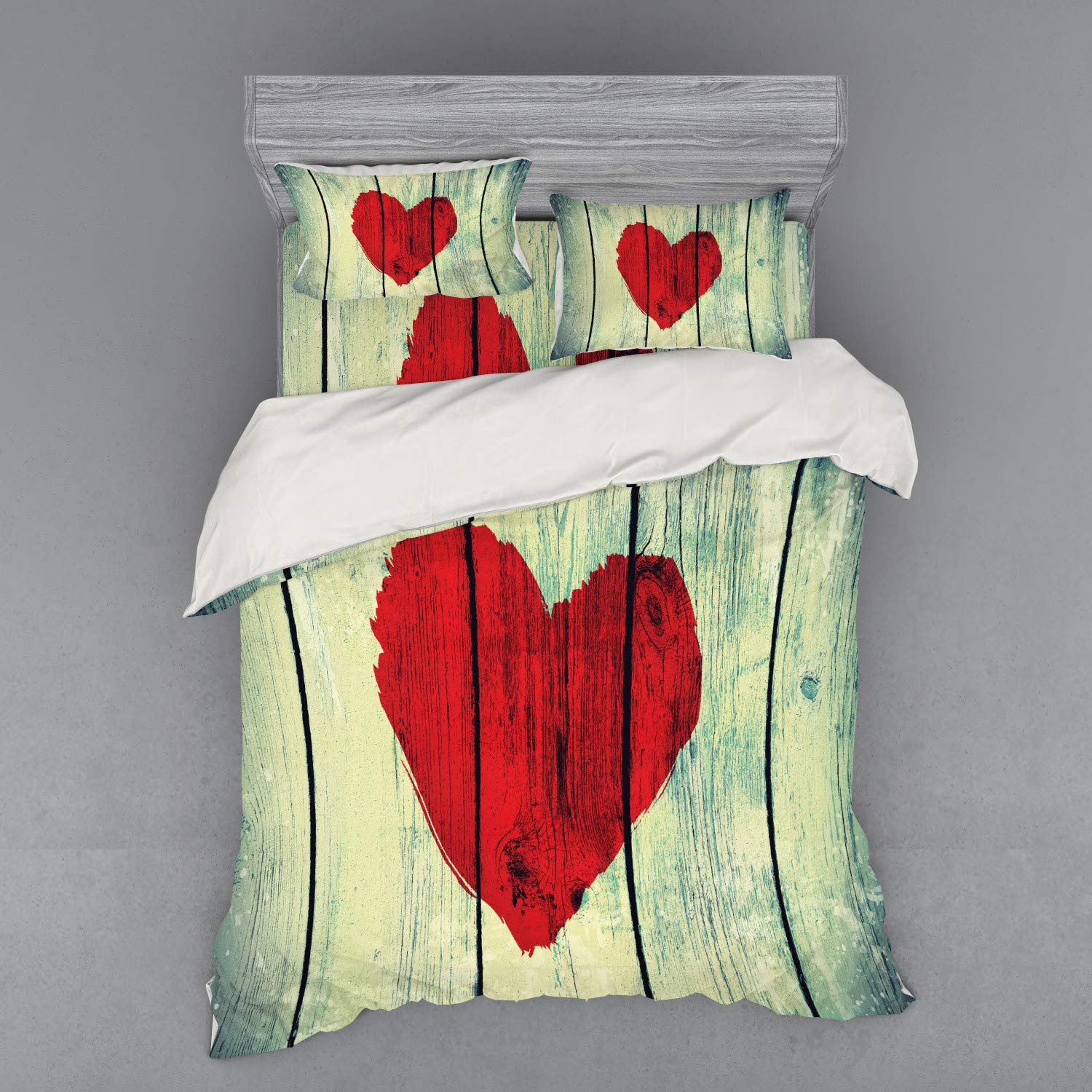 Ambesonne Love Themed 4-Piece Queen Bedding Set - Heart Print on Rustic Wood Design Duvet Cover with Shams & Fitted Sheet in Red & Pale Green | Romantic Bedroom Decor for Couples, Valentine's Gift, Cozy Home