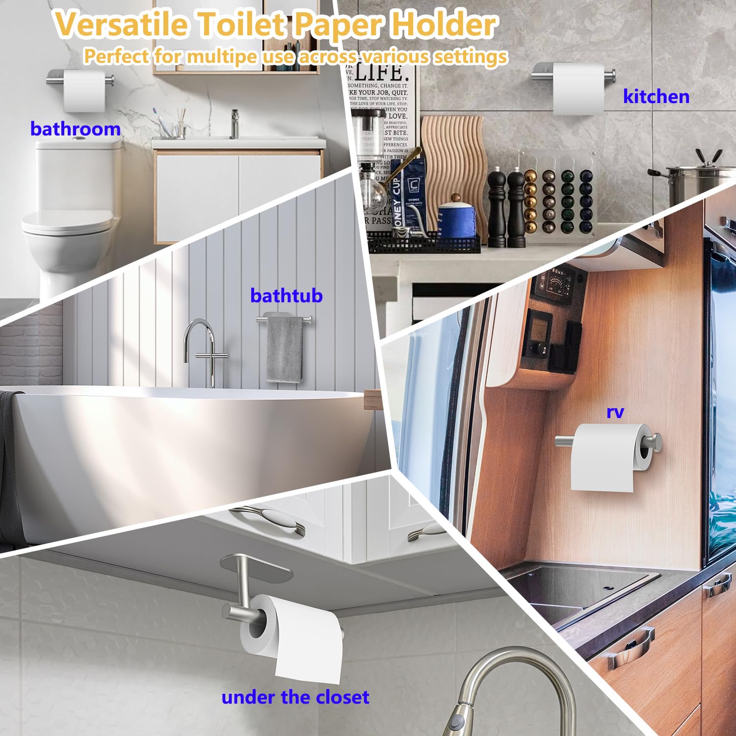 Stick-On Toilet Paper Holder - No Drill Bathroom & RV Paper Roll Holder - SUS304 Stainless Steel - Self Adhesive Mount - Silver Finish - Perfect for Small Spaces, Apartments, Campers & RVs