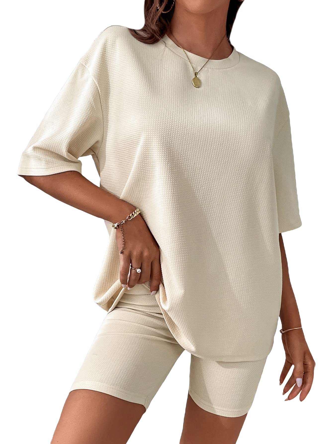 Milumia Women's Two Piece Outfits - Waffle Knit Oversized T-Shirt & Biker Shorts Set | Casual Loungewear, Workout, Yoga & Streetwear Outfit