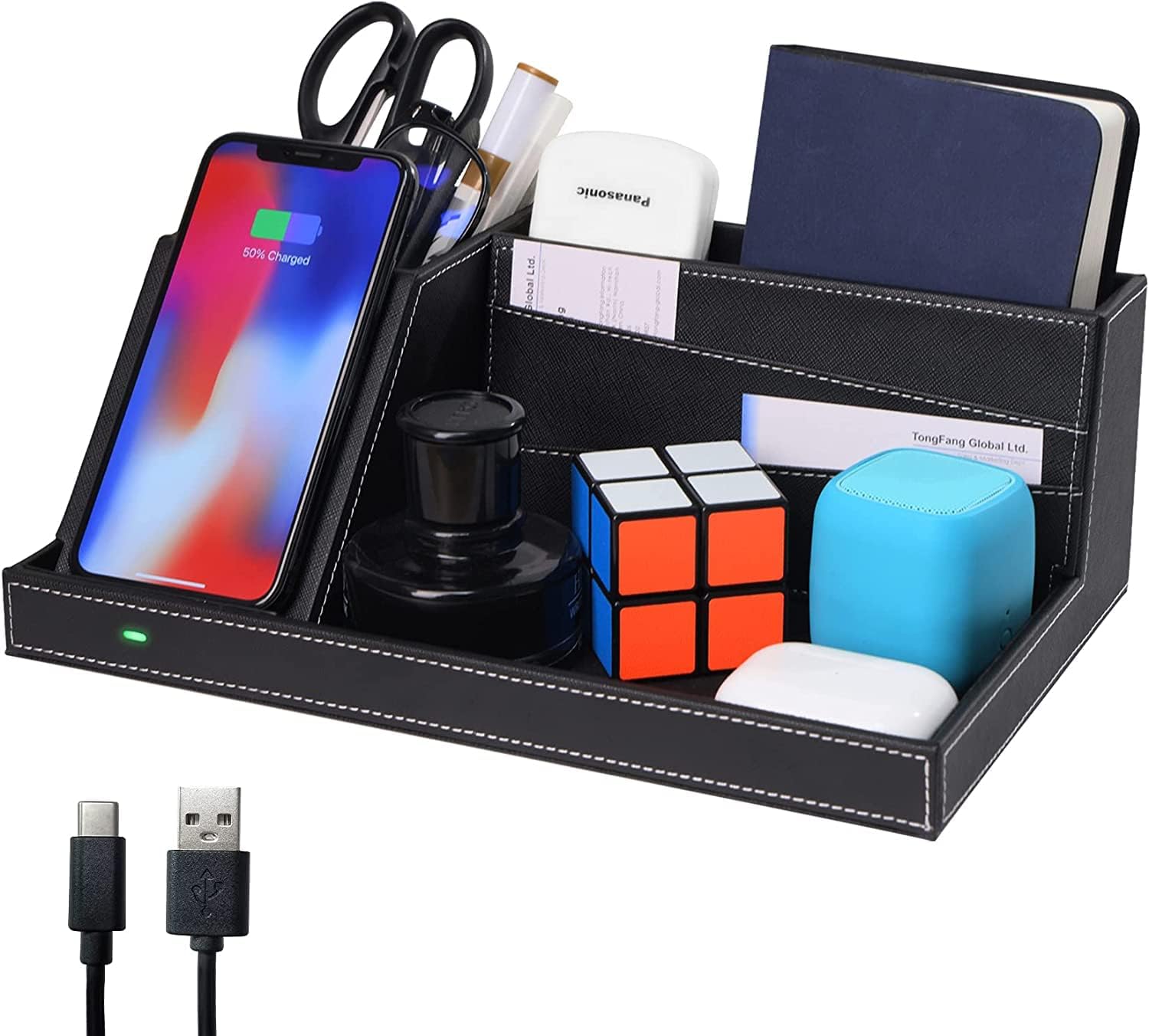 Premium PU Leather Wireless Charging Desk Organizer - Fast 15W Qi-Certified Charging Station with Pen Holder & Phone Stand | Stylish Nightstand Organizer for Office & Home | Perfect Gift for Men & Husband (Black) | Ideal for Workspace, Bedside & Office Organization