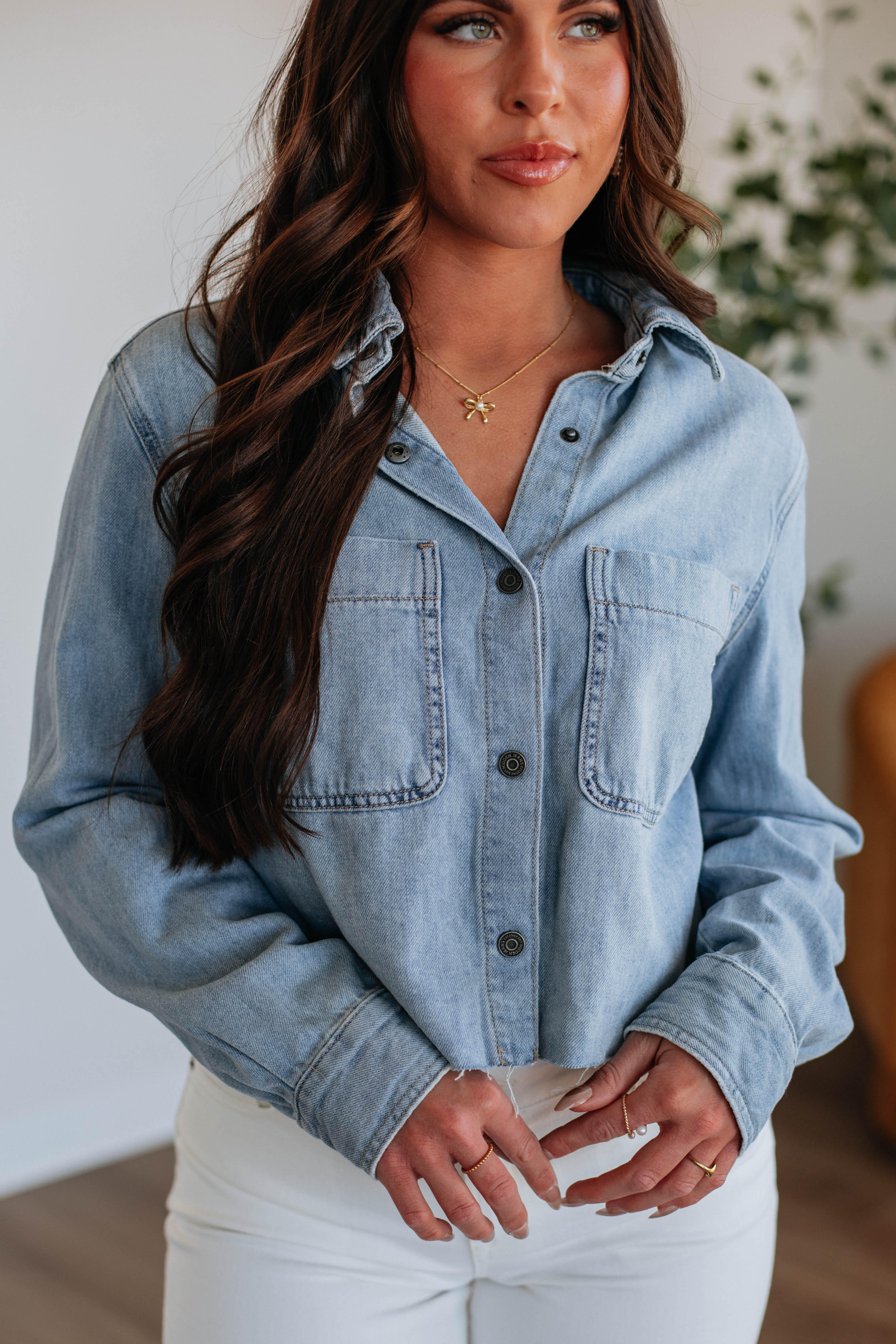 Harlow Hidden Denim Shacket - Light Wash Denim Jacket for Women | Casual Overshirt for Fall & Spring Layering | Perfect for Streetwear & Everyday Outfits