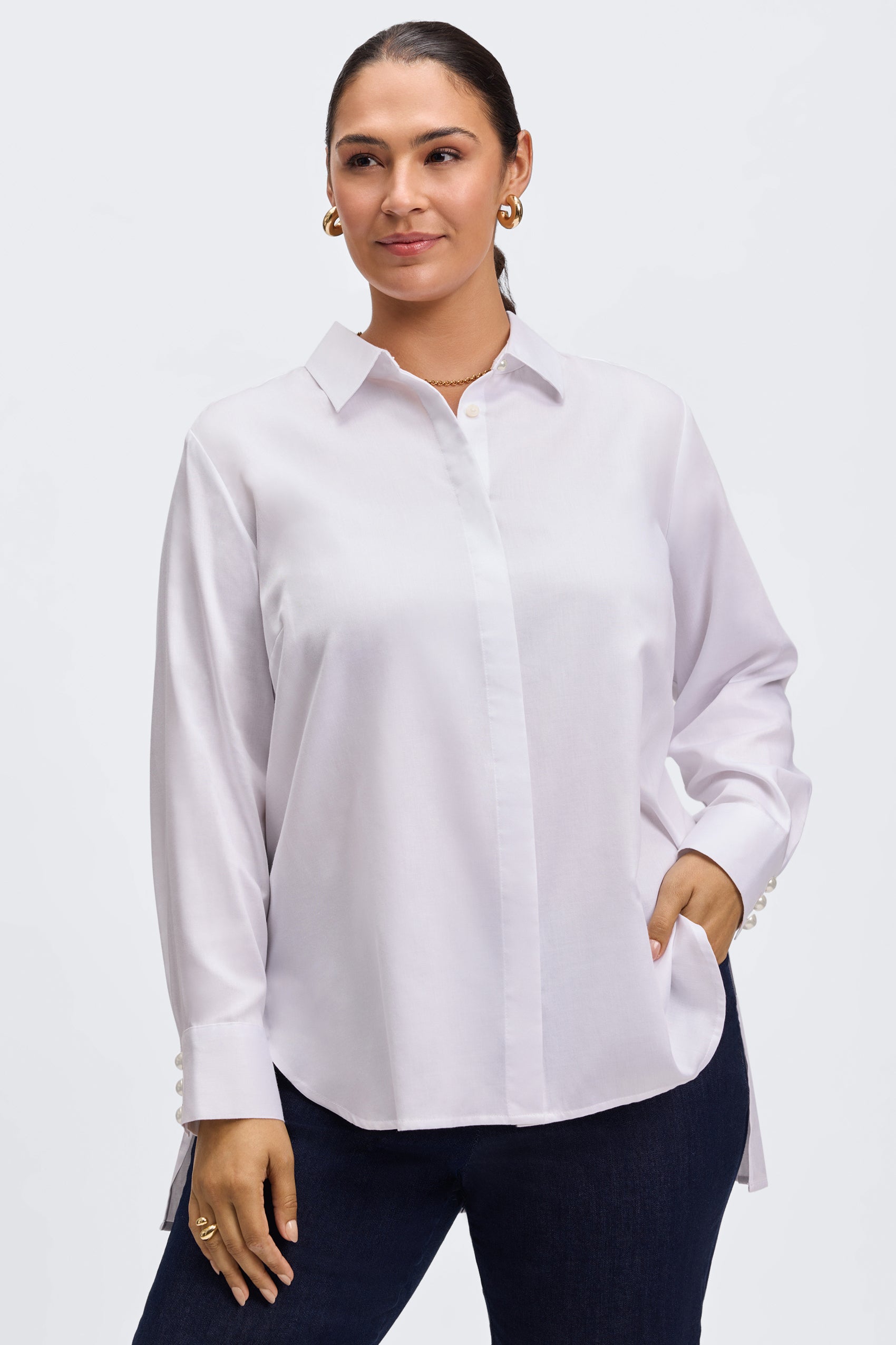 Pearl Plus No Iron Stretch Matte Sateen Long Sleeve Shirt for Women - Wrinkle-Free Comfortable Office & Casual Wear