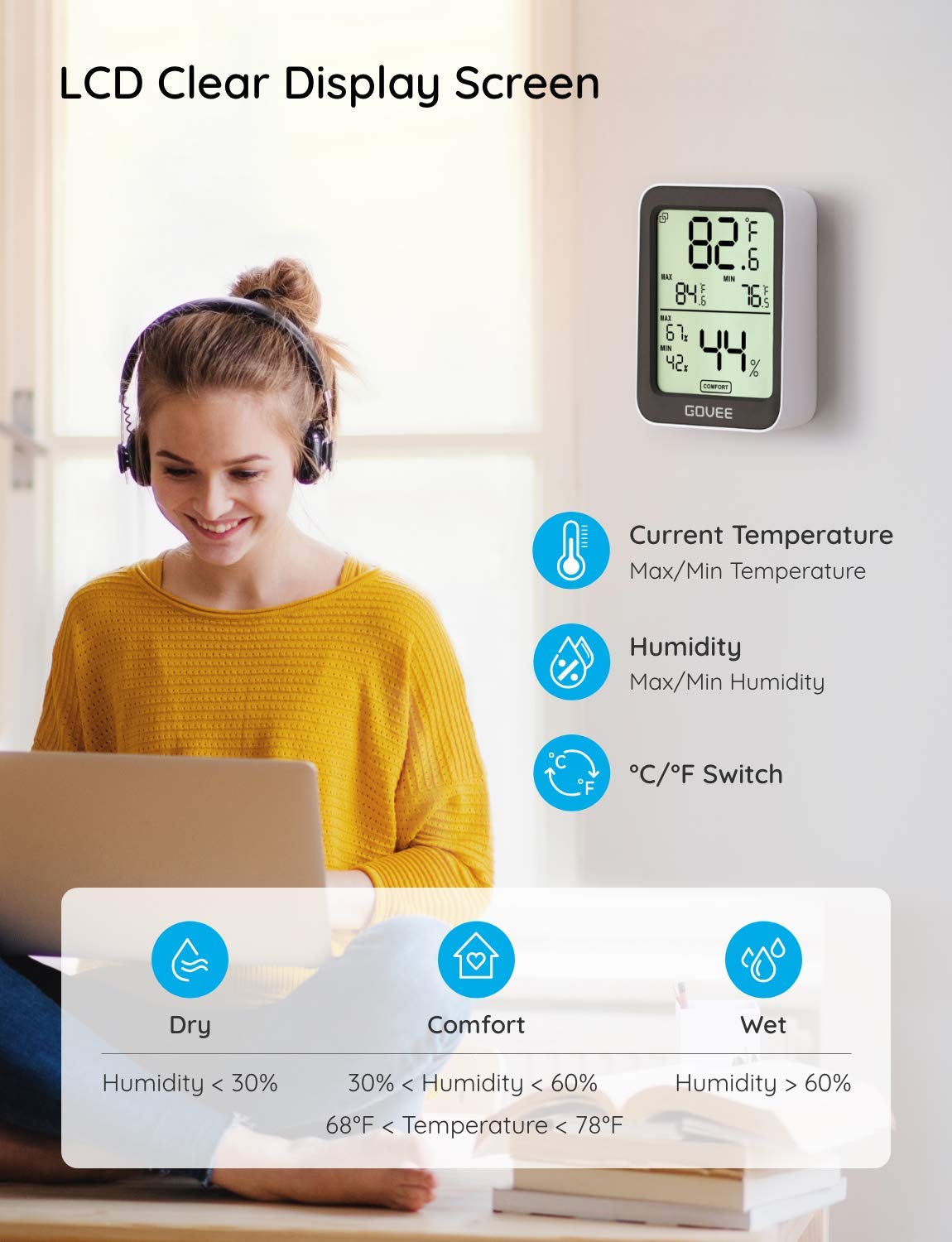 Govee H5075 Bluetooth Hygrometer Thermometer - Indoor Room Temperature & Humidity Monitor with App Control, Alerts, 2-Year Data Storage - Perfect for Home, Greenhouse, Baby Room & Office