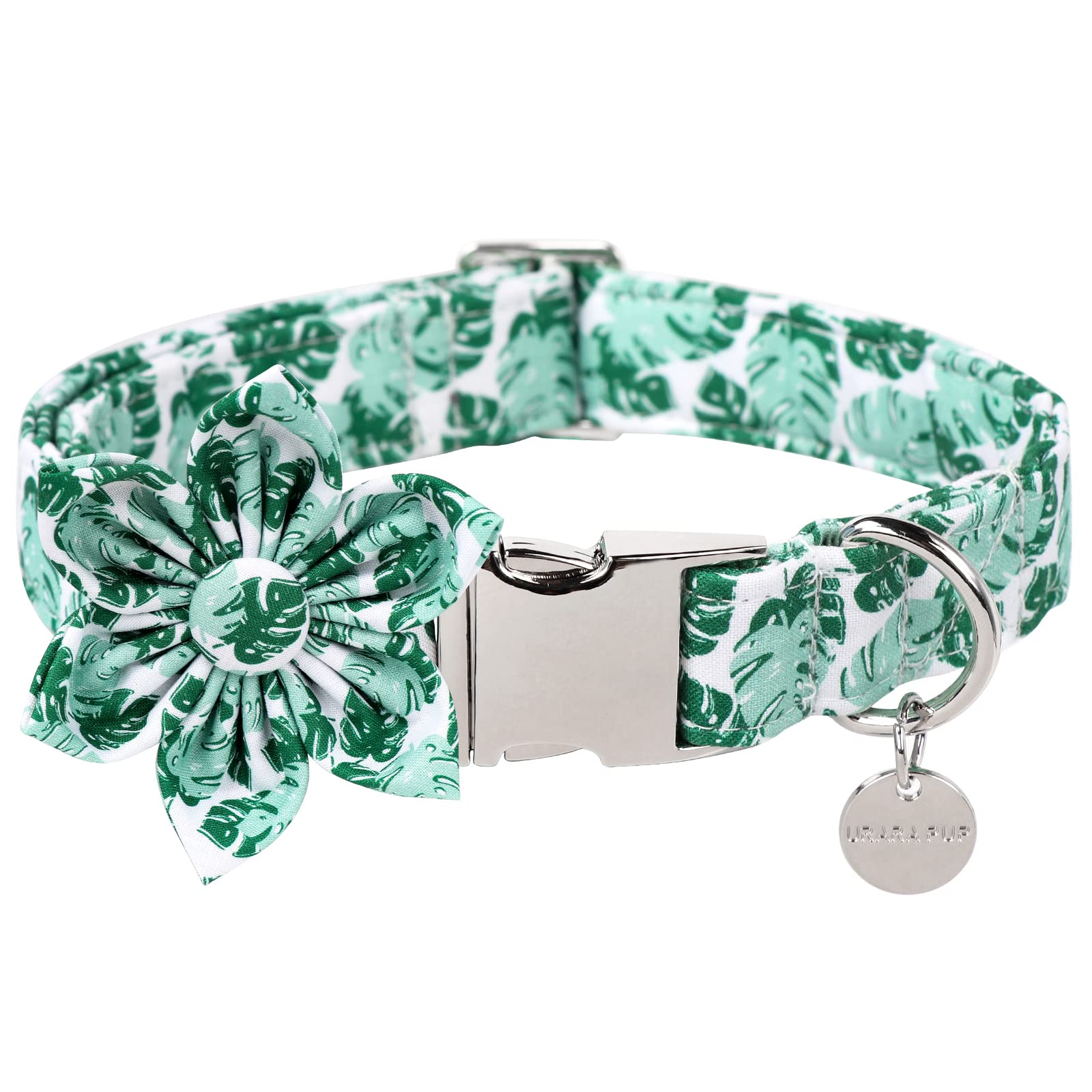 Floral Summer Dog Collar for Small Dogs - Soft Cotton Hawaiian Pet Collar with Metal Buckle, Green Size S - Perfect for Beach Walks & Outdoor Adventures