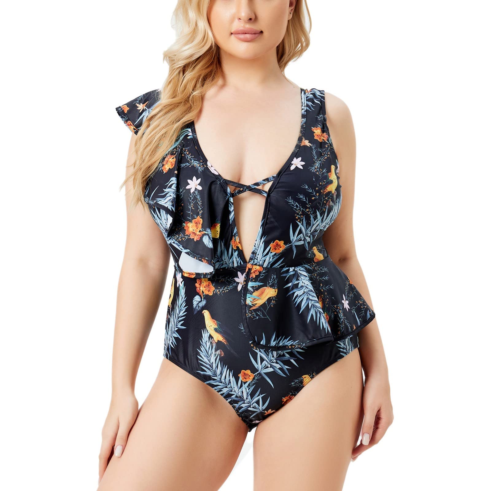 Women's Retro One-Piece Swimsuit with Ruffle Detail - Sexy Mid-Waist Bathing Suit for Plus Size - Perfect for Beach Vacation, Pool Party & Summer Getaways