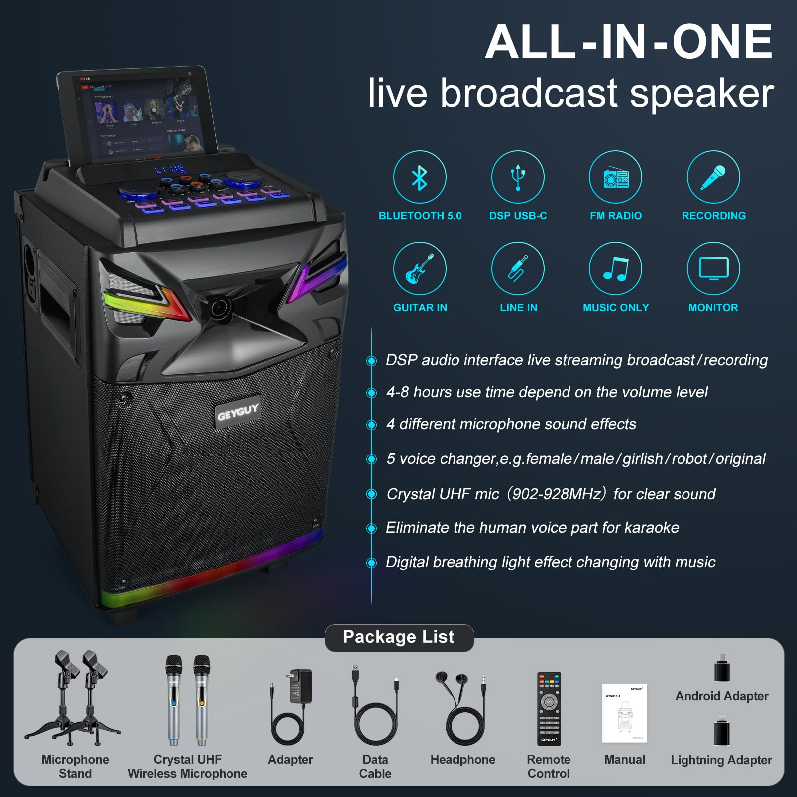 GTSK10-1 Professional Karaoke Machine with Bluetooth, 2 Wireless Mics & LED Lights - Portable PA System for Live Streaming, Voice Monitoring & Tablet Lyrics Display - Perfect for Home Parties, Church Events, DJ Performances & TV Singing Entertainment