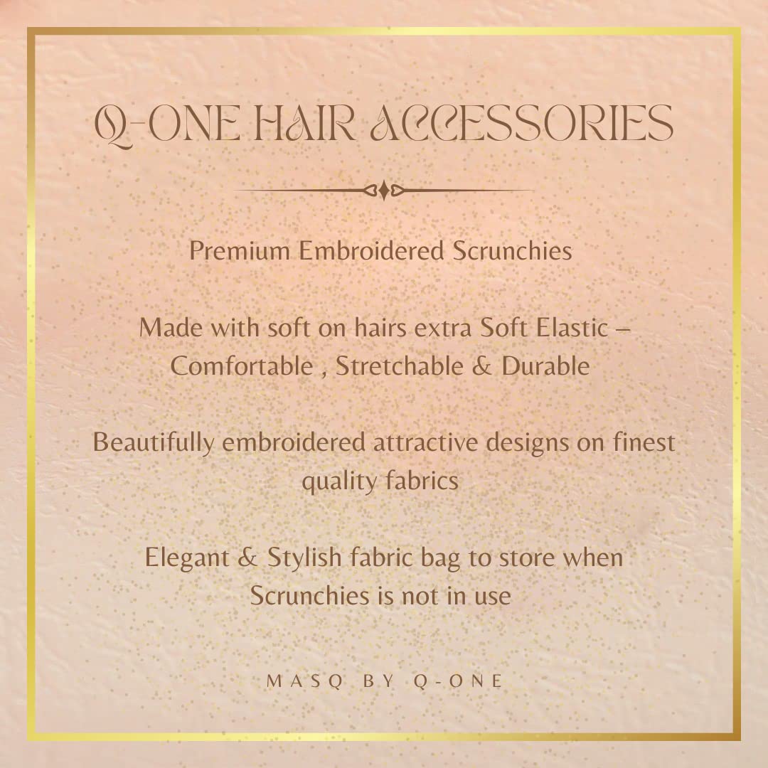 MASQ by Q-One Women's Embroidered Face Mask Set - 4-Layer Cotton Cloth Mask with Detachable Chain & Scrunchie Hair Tie (Medium Size, Gold, Pack of 2) - Perfect for Daily Wear, Workouts, and Fashion Accessories