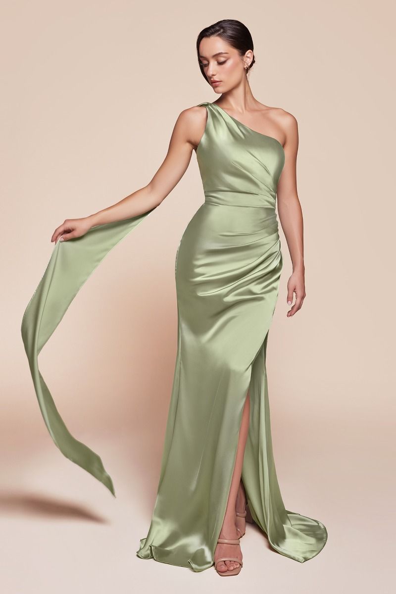 Bryce Gown | One Shoulder Luxe Satin Fitted Evening Dress in Sage Green | Perfect for Prom, Gala & Formal Events