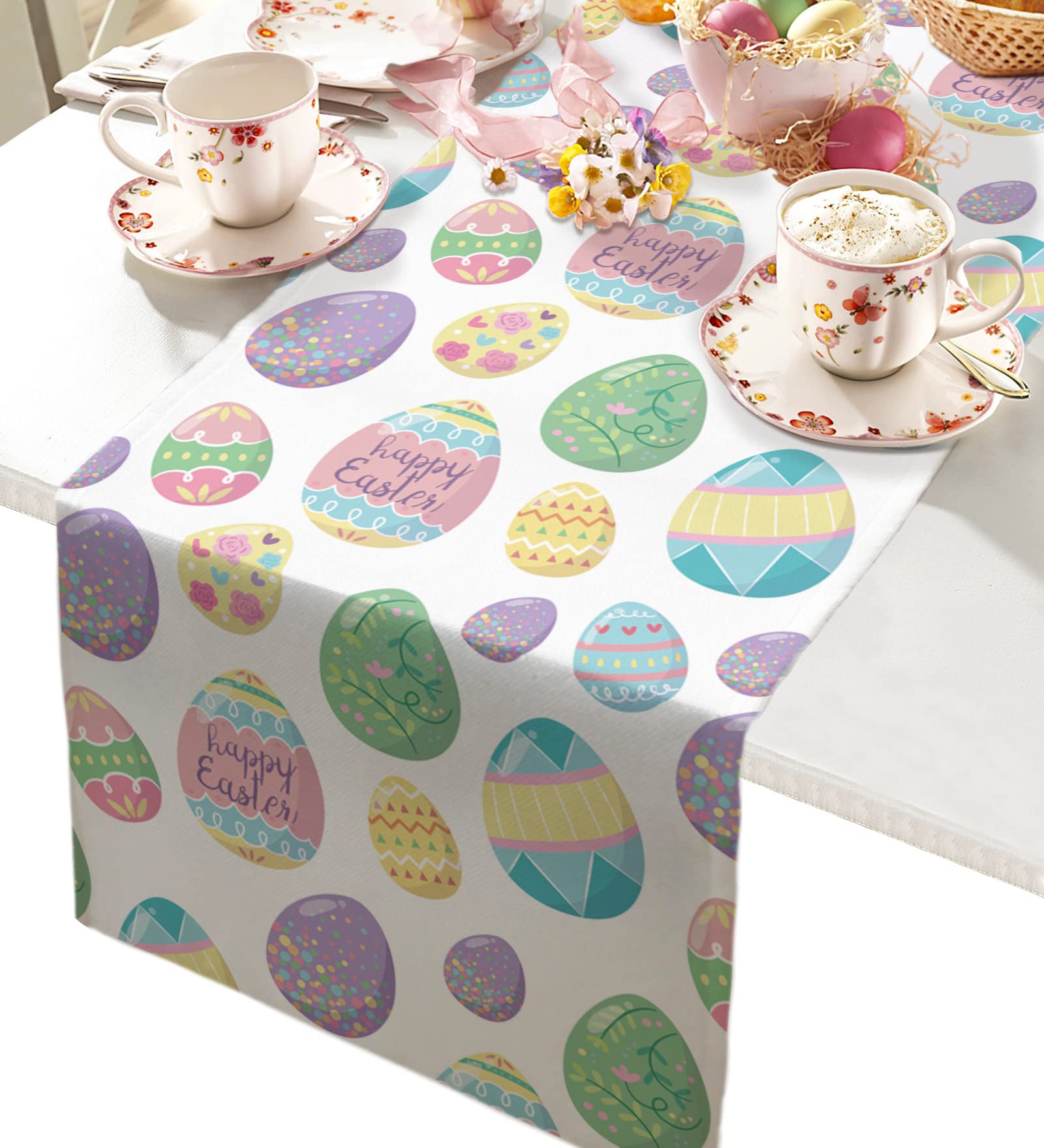 Easter Table Runner 13x90 Inch - Waterproof Spring Tablecloth with Easter Egg Design for Holiday Party, Home Kitchen & Dining Room Decor - Perfect for Easter Celebrations, Brunch Gatherings and Seasonal Home Styling