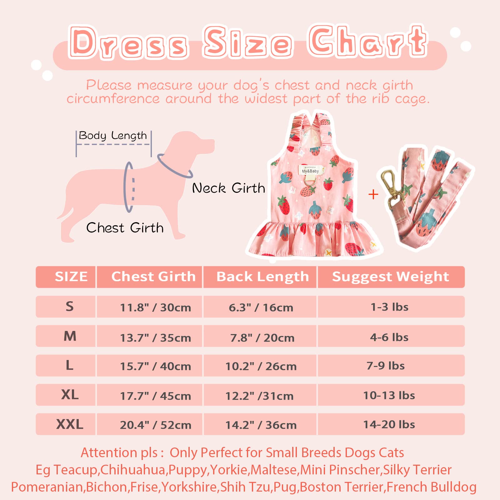 Princess Dog Dress Harness and Leash Set - Cute Soft Fruit Print Puppy Clothes for Small Dogs & Cats (Chihuahua, Yorkie, Shih Tzu) - Pink Strawberry XL - Perfect for Birthday Parties, Photo Shoots & Daily Walks