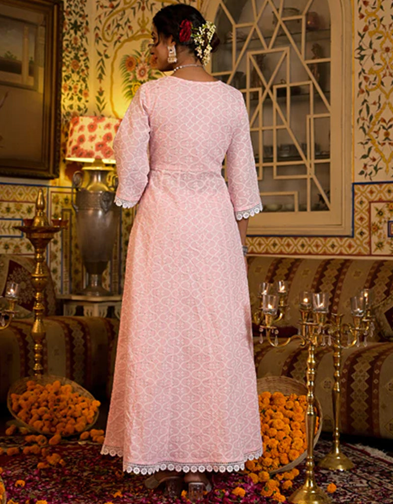 Baby Pink Pure Cotton Angrakha Anarkali Kurta Trouser with Dupatta Set - Traditional Indian Ethnic Wear for Women - Perfect for Weddings, Festivals & Special Occasions