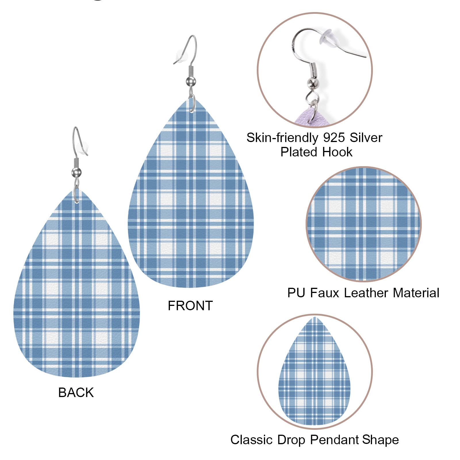 Zokola Buffalo Checkered Drop Earrings for Women - Blue Tartan Plaid Geometric Dangle Earrings Set - Lightweight Faux Leather Teardrop Jewelry - Perfect Gift for Friends, Birthday & Christmas - Office Wear, Party Accessories & Casual Outfits
