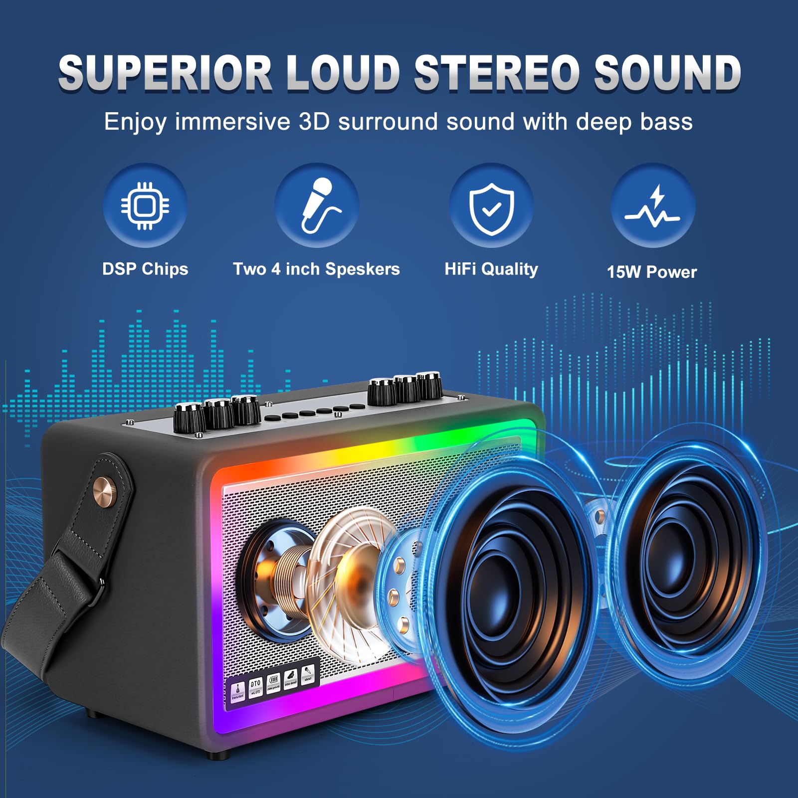 Portable Karaoke Machine with 2 UHF Wireless Microphones - Bluetooth Speaker for Adults, PA System with Remote Control, Volume Adjustment & LED Lights (Supports TF/USB/AUX/OTG) - Perfect for Home Parties, Outdoor Gatherings & Professional Performances