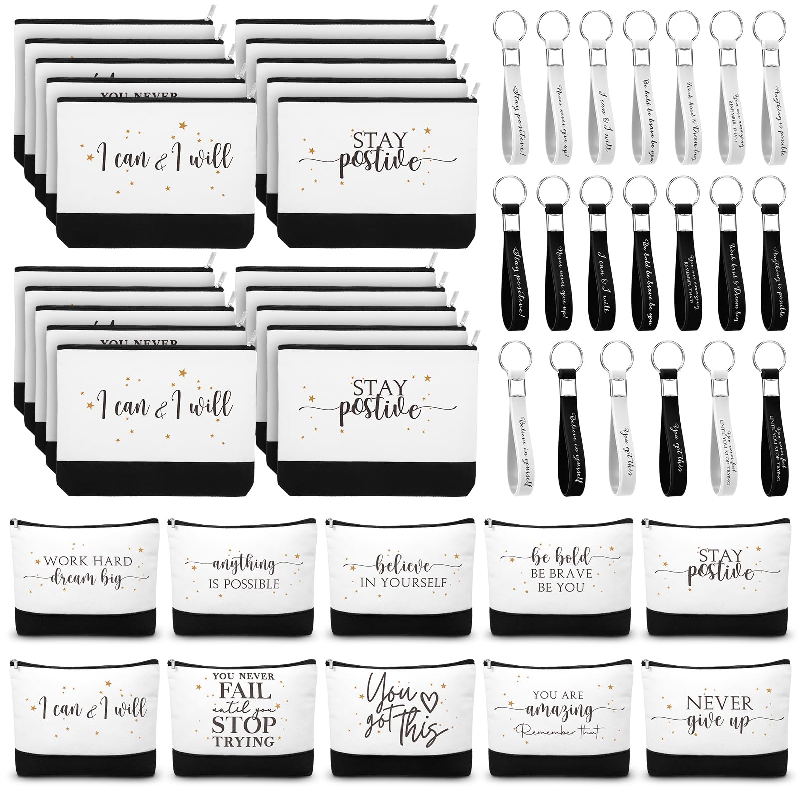Sanwuta 80 Pcs Inspirational Canvas Makeup Bags with Keychains - Bulk Appreciation Gifts for Women, Nurses, Teachers & Employees - Motivational Signs for Daily Use, Work Encouragement & Special Occasions