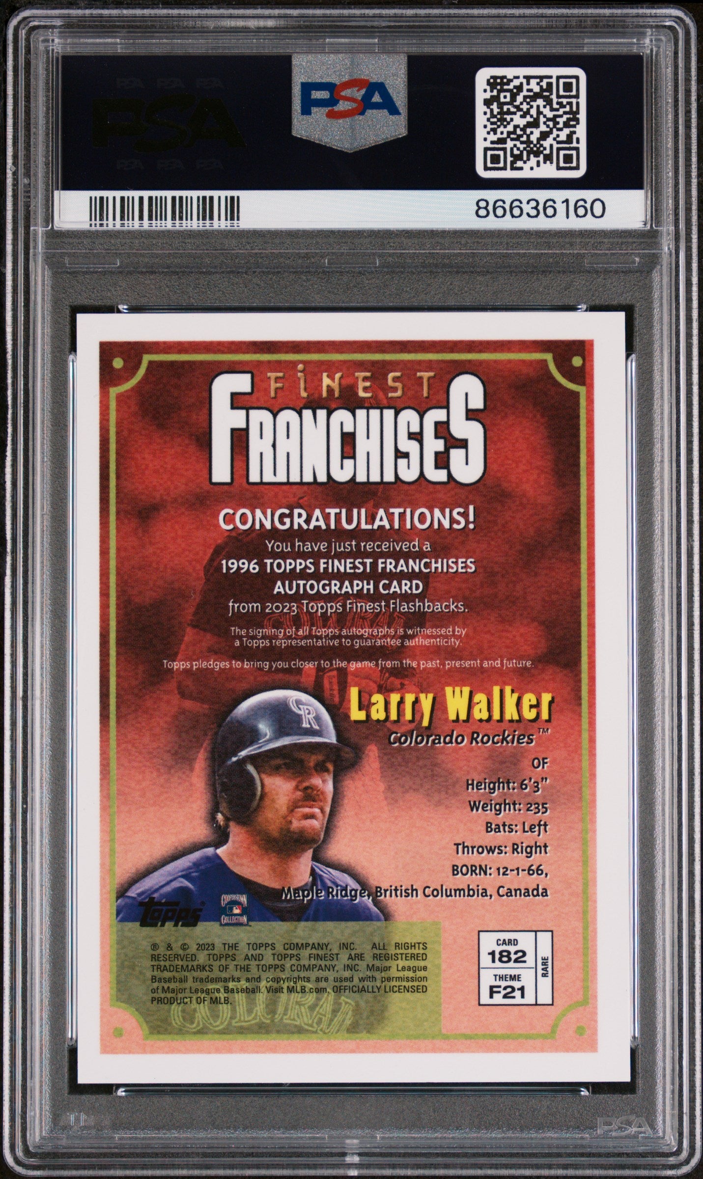 2023 Topps Finest Flashbacks Larry Walker Autograph #182 PSA 9 - Rare Baseball Card for Collectors & Sports Memorabilia Enthusiasts