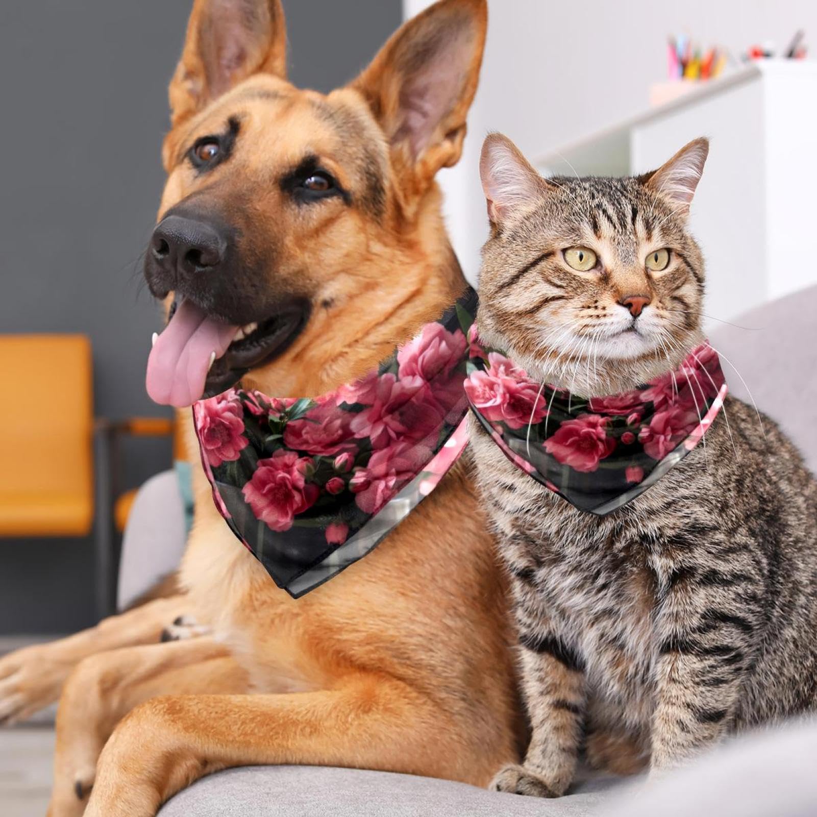 2-Piece Dog Bandanas with Vase and Pink Flowers Pattern - Pet Wedding Photo Props, Square Bibs & Scarf Accessories for Dogs - Perfect for Pet Weddings, Photo Shoots & Special Occasions