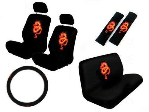 11pc Dragon Red Car Seat Covers Set with Headrests & Steering Wheel Cover for Cars & Trucks