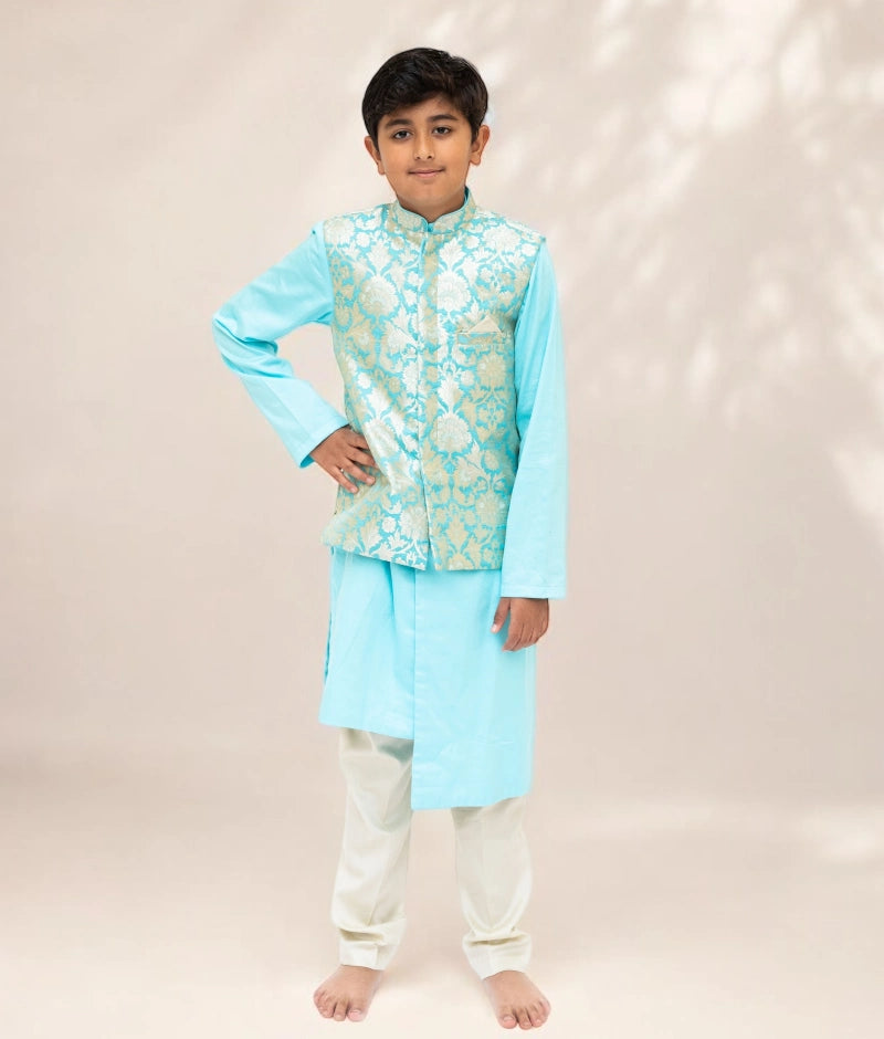 Pre Order: Elegant Blue Brocade Jacket with Kurta & Pant Set - Traditional Indian Outfit for Weddings & Festive Occasions