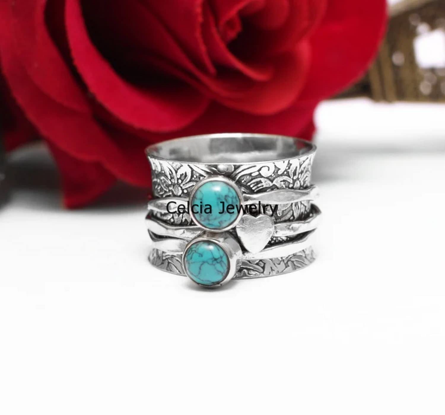 Turquoise Heart Spinner Ring for Women & Men - December Birthstone Jewelry, Fidget Anxiety Relief Ring, Thumb & Meditation Ring - Size 4 (Perfect for Stress Relief, Gift Giving & Spiritual Healing)
