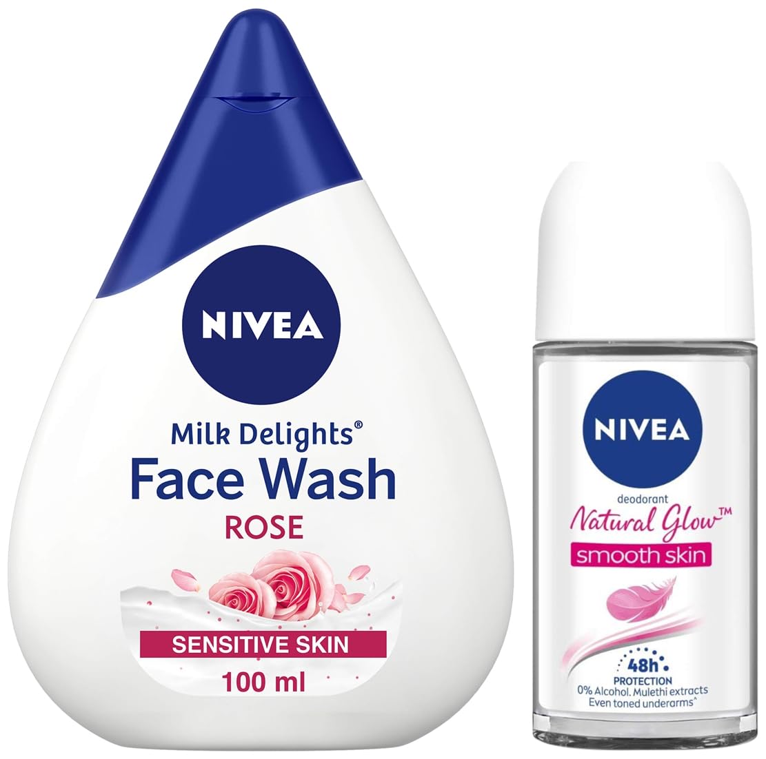 Nivea Deodorant Roll-On for Women - Whitening & Smooth Skin, 50ml + Nivea Face Wash with Rosewater & Milk for Sensitive Skin, 100ml - Daily Care & Freshness for Gym, Work & Travel