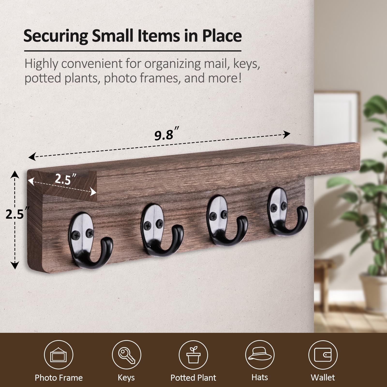 Wooden Wall Mounted Key Holder - 9.8 Inch Farmhouse Style Entryway Organizer for Keys, Mail & Essentials | Perfect for Hallway, Kitchen & Home Organization (Brown)