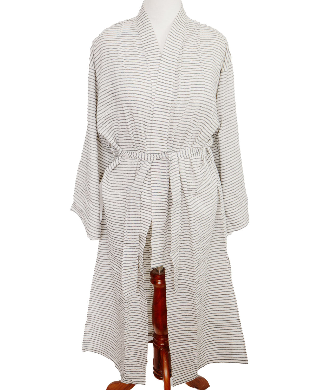 Lightweight Pinstripe Robe for Women - Mid Length Soft Cotton Bathrobe with Belt - Perfect for Spa, Lounge & Relaxation at Home