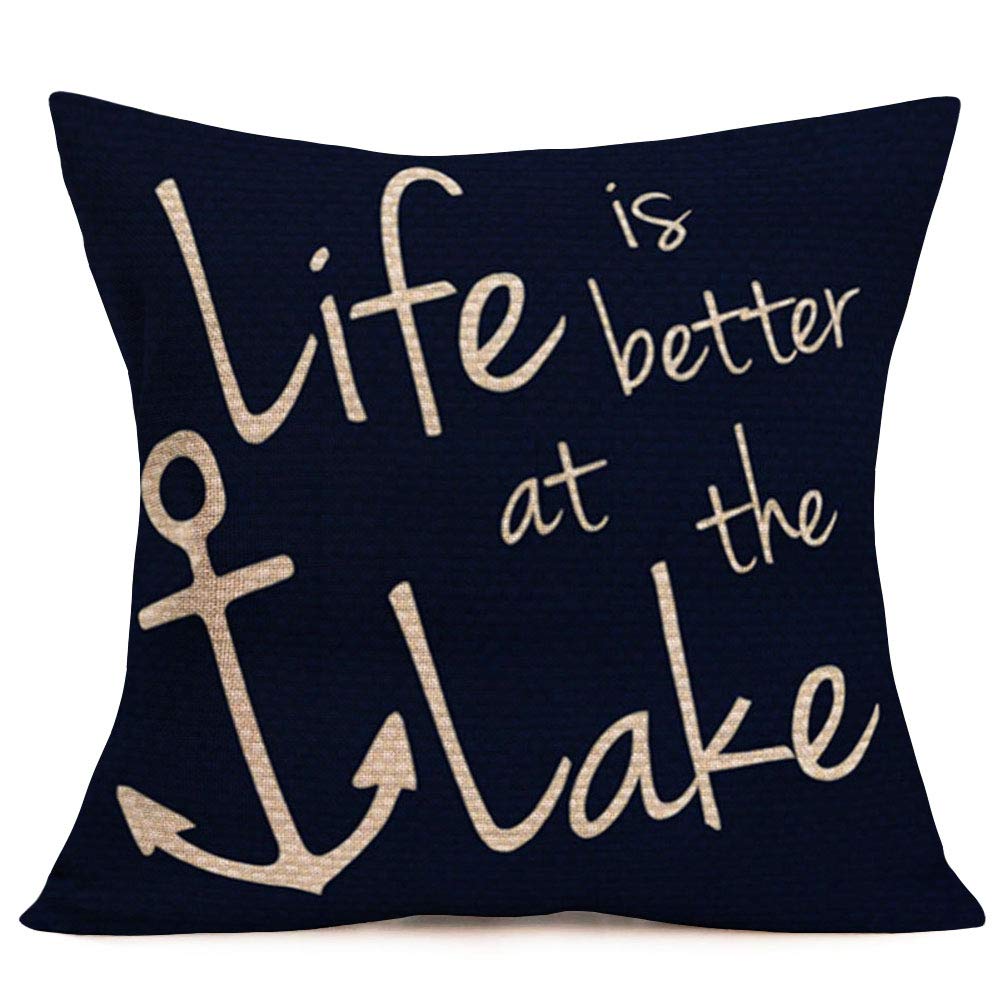 Smilyard Lake Life Inspirational Quote Linen Pillow Cover 18x18 Inch - Decorative Throw Cushion for Sofa, Outdoor & Home Decor - Perfect for Living Room, Patio, and Lake House Relaxation
