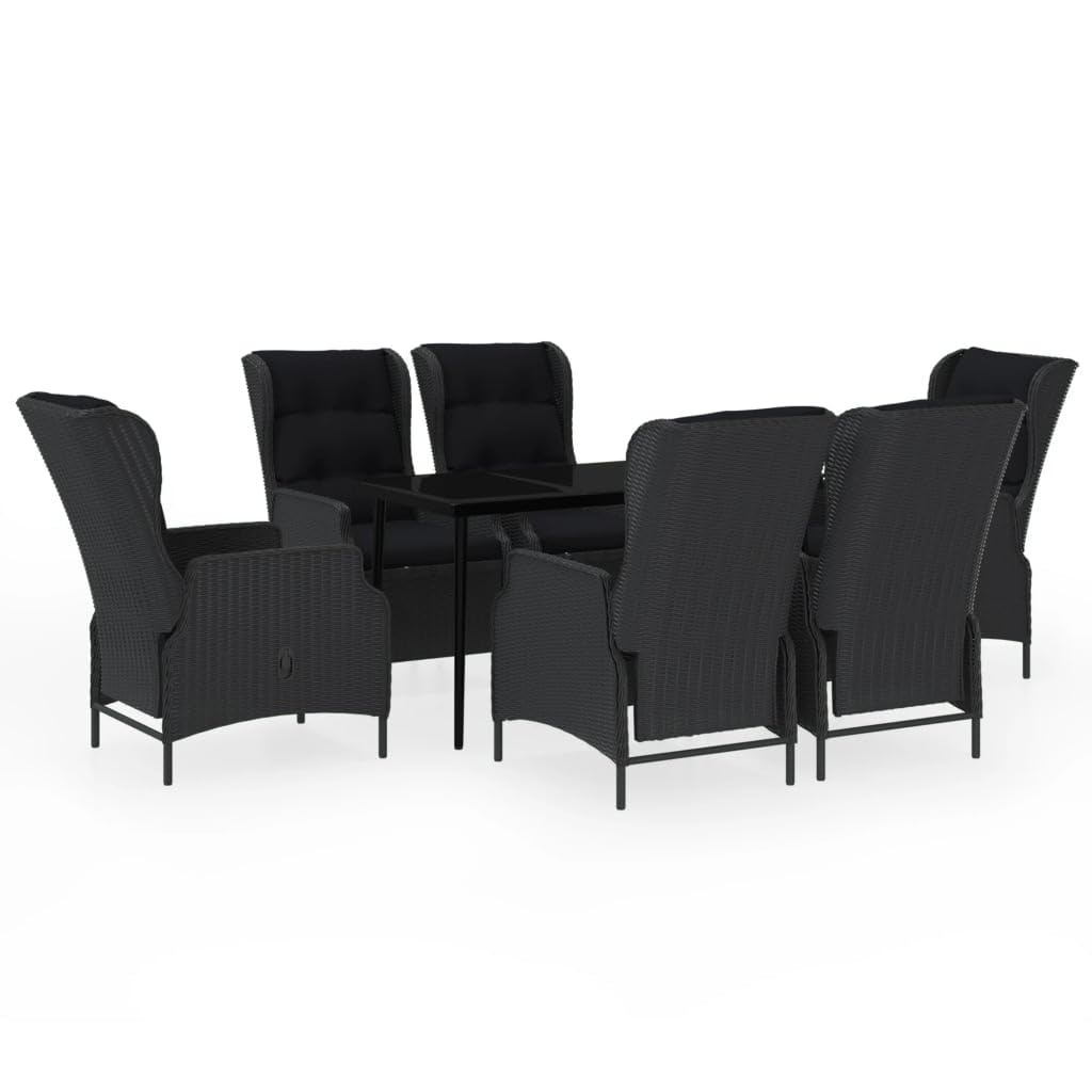 7-Piece Dark Gray PE Rattan Outdoor Dining Set with Adjustable Reclining Chairs, Cushioned Seats & Glass Top Table - Perfect for Patio, Garden, Poolside & Backyard Entertaining