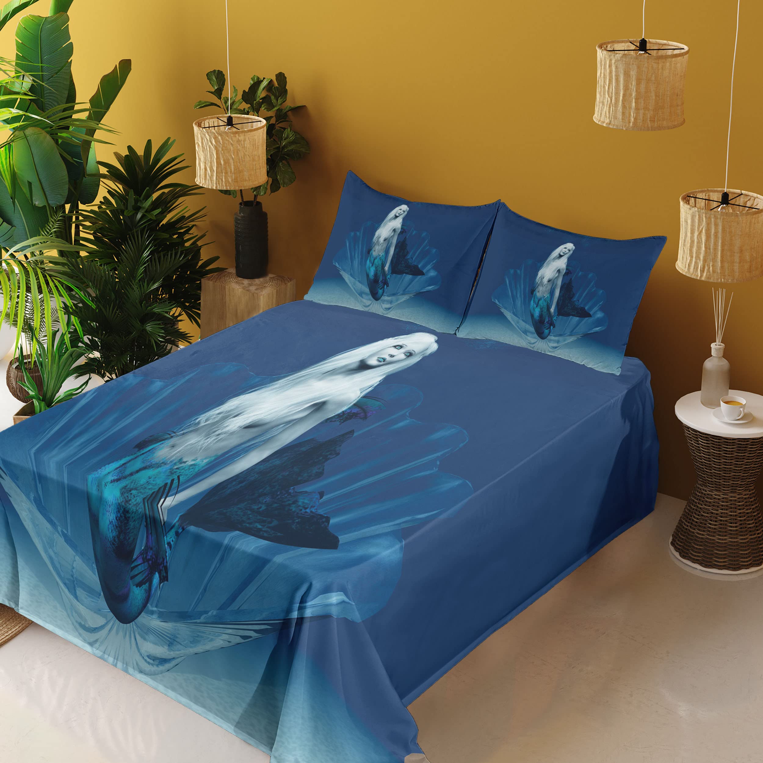 **Ambesonne Mermaid Queen Bedding Set - 4 Piece Queen Size, Ocean Deep Waters Aquatic Fantasy Design, Blue & White Fitted & Flat Sheets with Pillowcases - Perfect for Themed Bedrooms, Kids' Rooms, or Fantasy Decor**