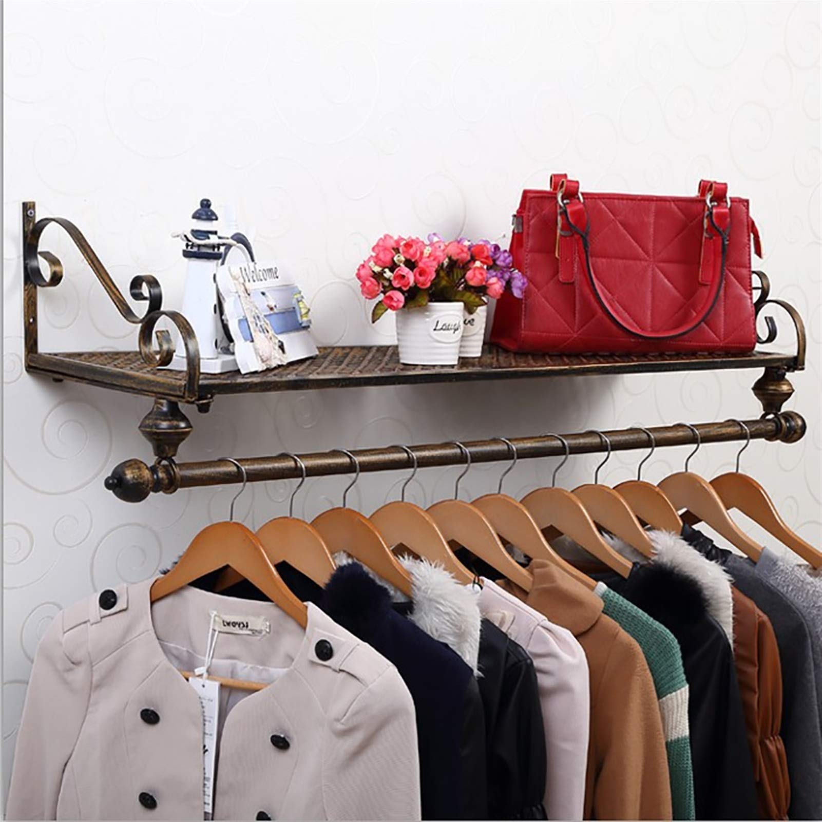 Vintage Wall Mounted Coat Rack with Shelf - Heavy Duty Bronze Garment Hanger for Clothing Display & Storage (120X28CM) - Perfect for Bedroom, Entryway, Boutique & Vintage Clothing Shop Organization