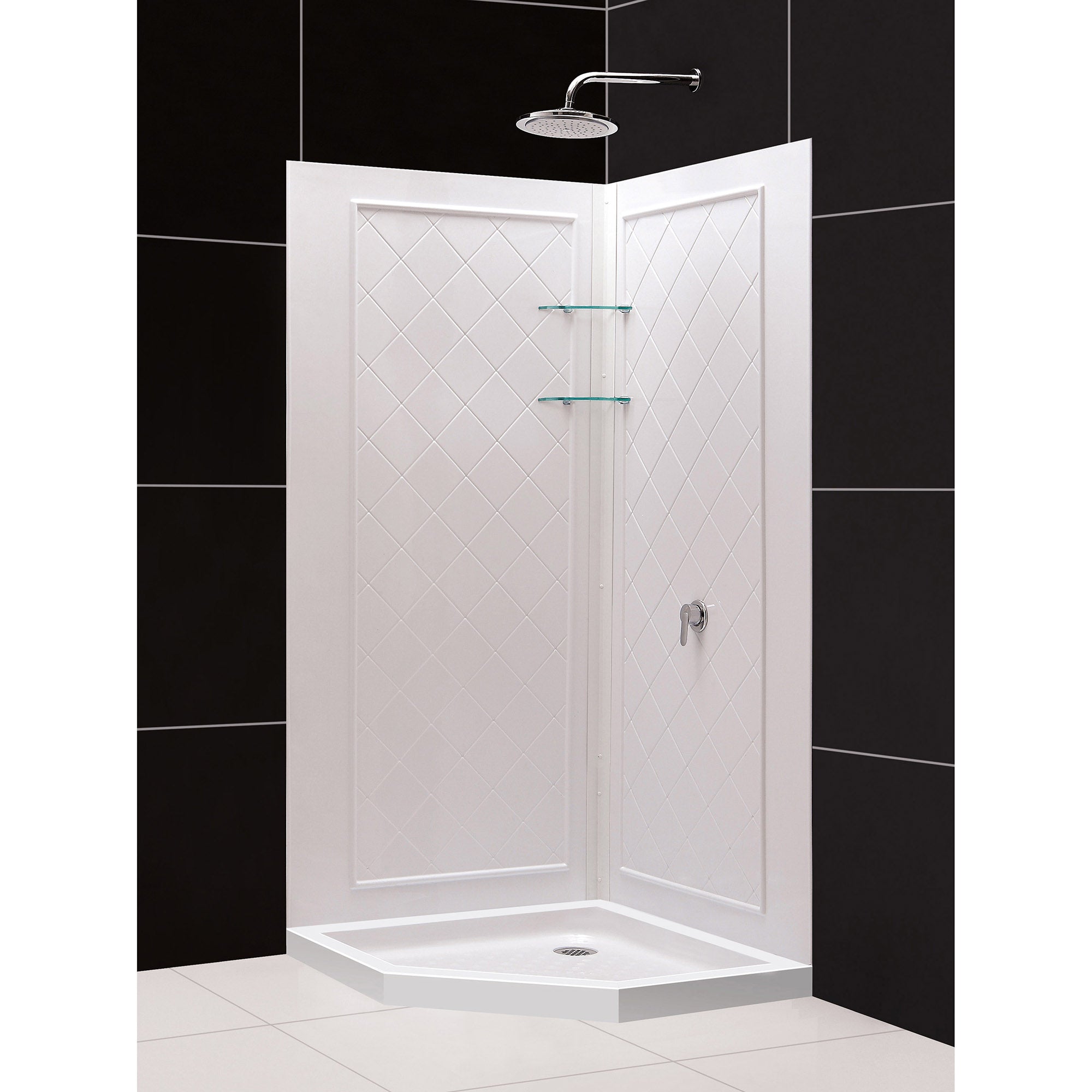 DreamLine 36x36x76.75 Inch Neo Angle Shower Base with QWALL 4 Acrylic Backwall Kit - Slim Design for Small Bathrooms, Perfect for Space-Saving Home Renovations