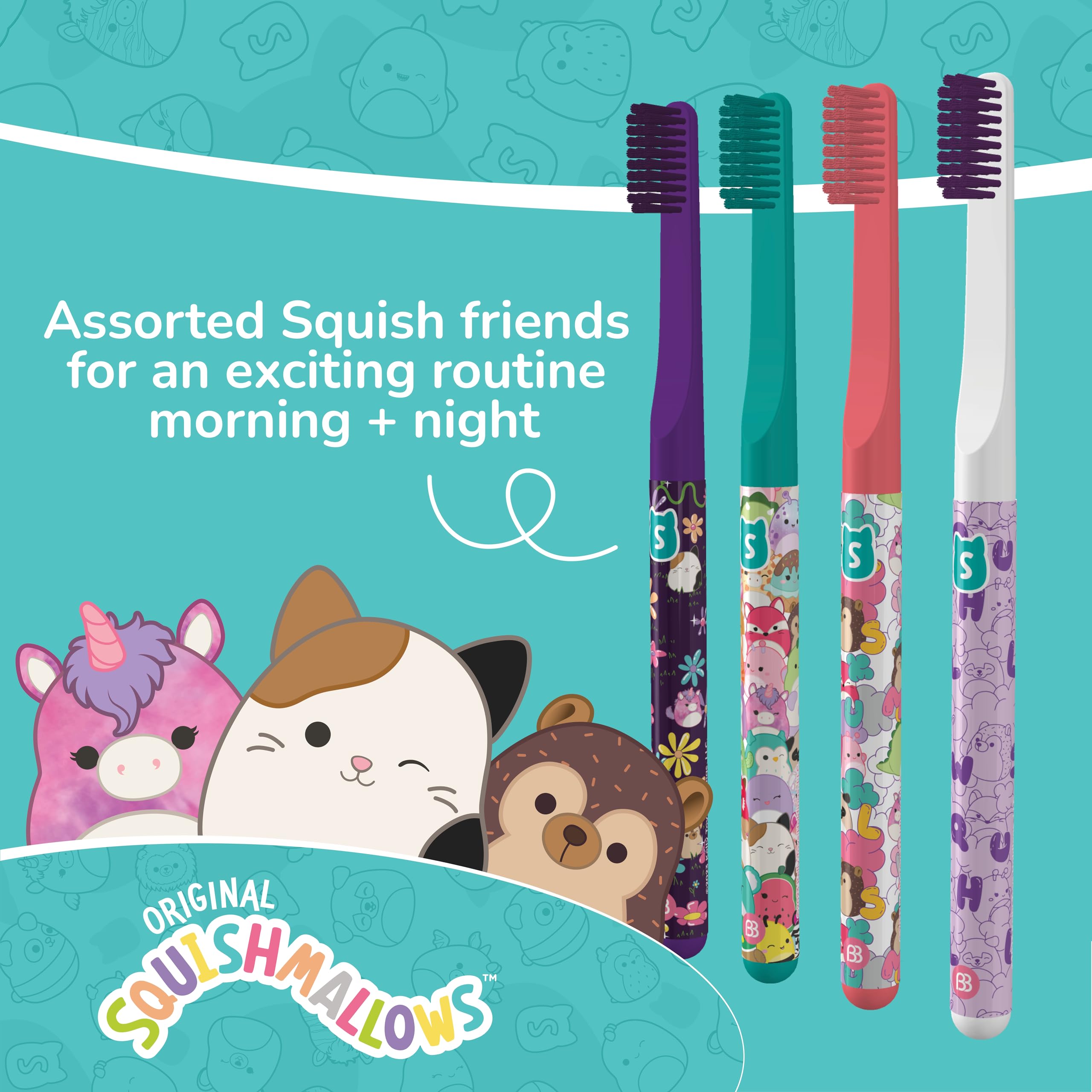 Brush Buddies Squishmallows Soft Manual Toothbrushes for Kids & Adults - 4 Pack - Gentle Bristles for Sensitive Teeth - Perfect for Travel, School & Daily Oral Care