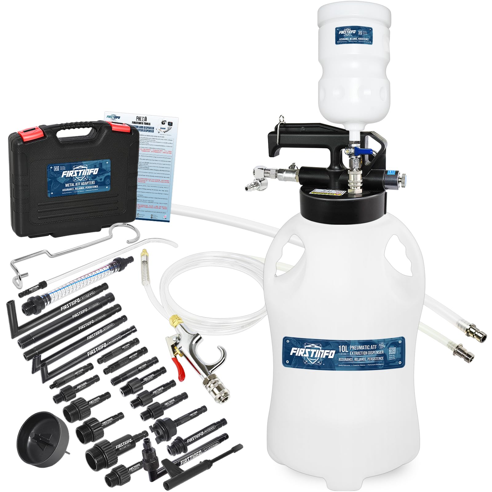 FIRSTINFO Patented 10L 22-Piece ATF Filler Adapter Kit with Pneumatic Transmission Fluid Pump - Includes Hanging Hook, 360° Swivel Air Inlet & Spring Hose - Perfect for Auto Repair Shops & DIY Transmission Fluid Changes