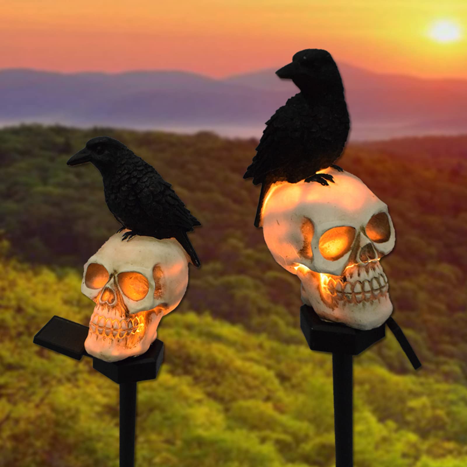 Halloween Solar Garden Lights Outdoor - Waterproof Skull Crow LED Stake Lights for Lawn, Patio, Backyard | Solar Powered Halloween Decorations for Yard, Pathway & Party Decor