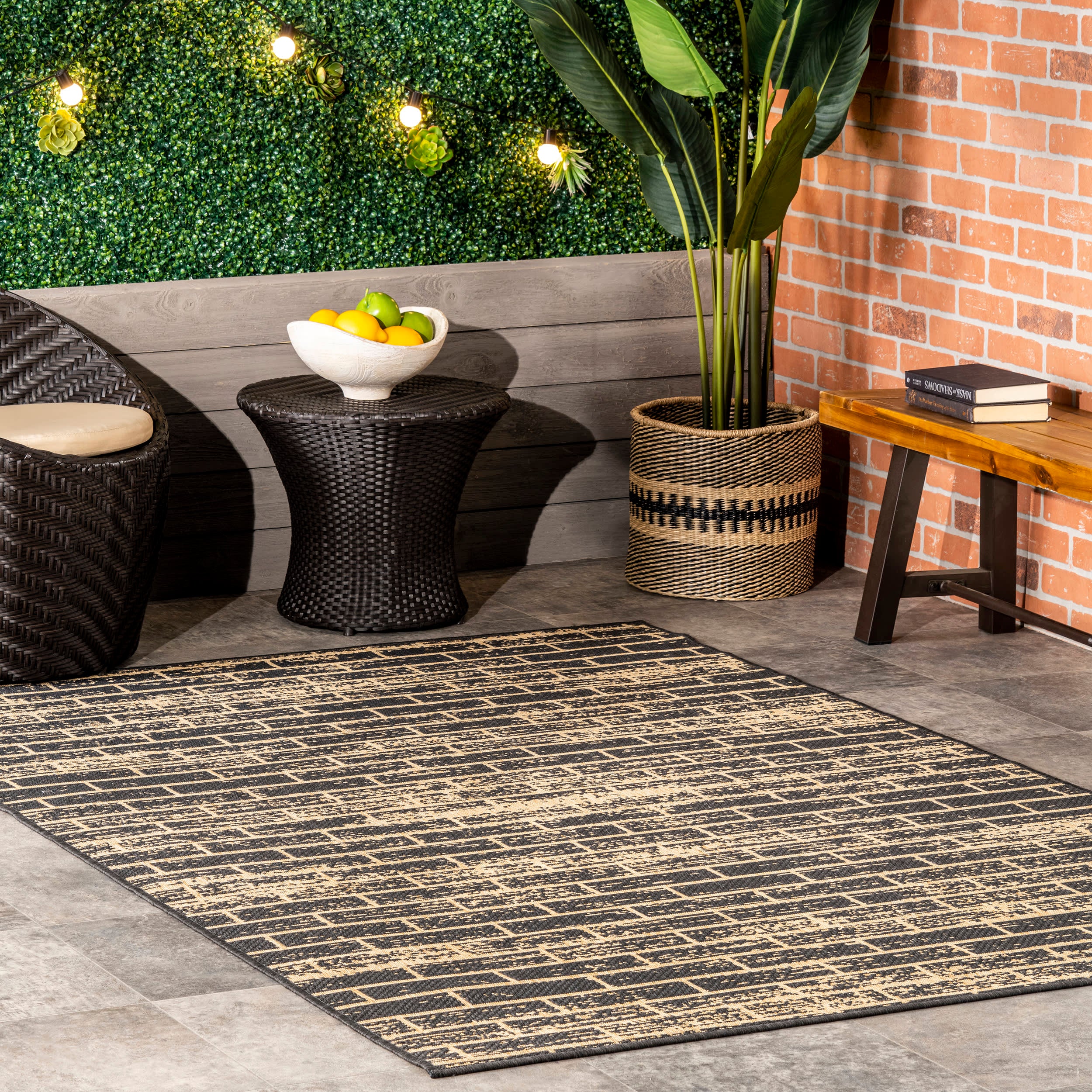 Durable Charcoal Brickwork Indoor/Outdoor Rug - Non-Slip Waterproof Floor Mat for Patio, Deck, Living Room & Bedroom