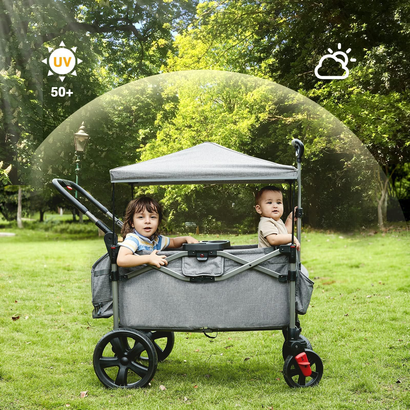 EVER ADVANCED Foldable Wagon for Kids & Cargo - Collapsible Stroller with Adjustable Handle & Removable Canopy, 5-Point Safety Harness (Gray) - Perfect for Beach Trips, Camping, Shopping & Outdoor Adventures