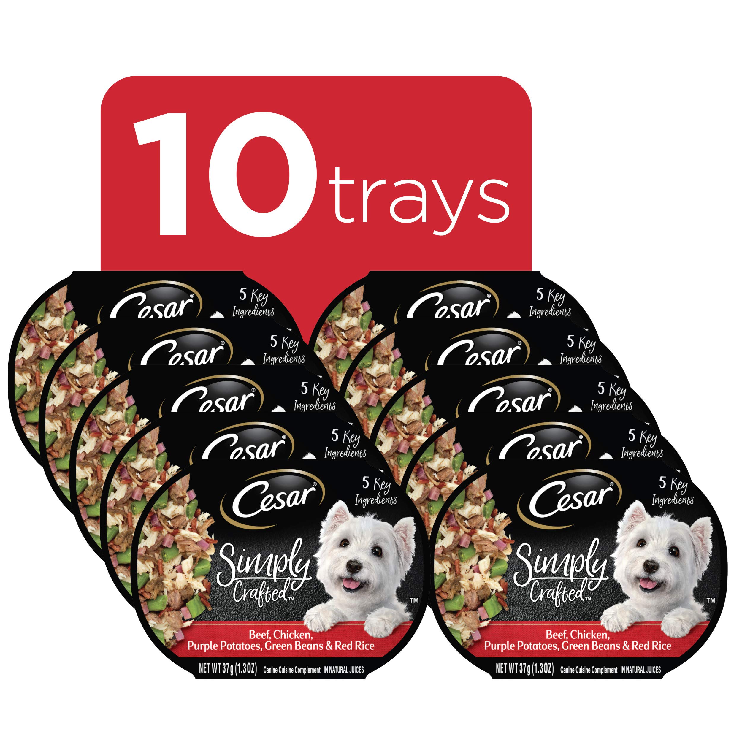 CESAR SIMPLY CRAFTED Adult Soft Wet Dog Food Meal Topper - Beef & Chicken Recipe with Purple Potatoes, Green Beans & Red Rice - 1.3 oz Tubs (Pack of 10) - Perfect for Picky Eaters & Senior Dogs