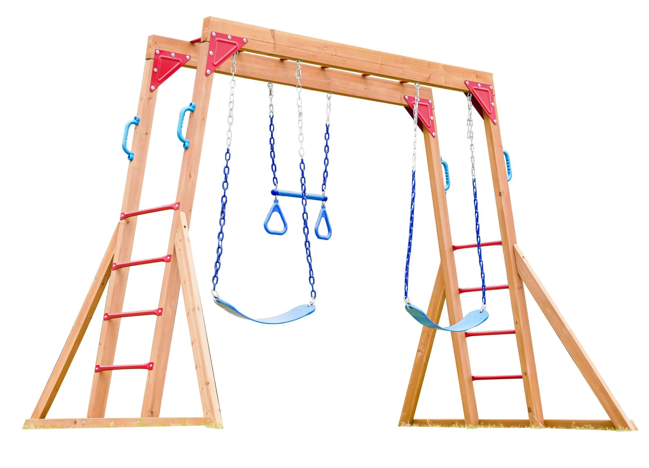 Dolphin Playground Wooden Swing Set for Backyard - Heavy Duty Outdoor Playset with Monkey Bars, Trapeze Swing & 2 Belt Swings | Kids Play Equipment for Backyards, Parks & Daycare Centers