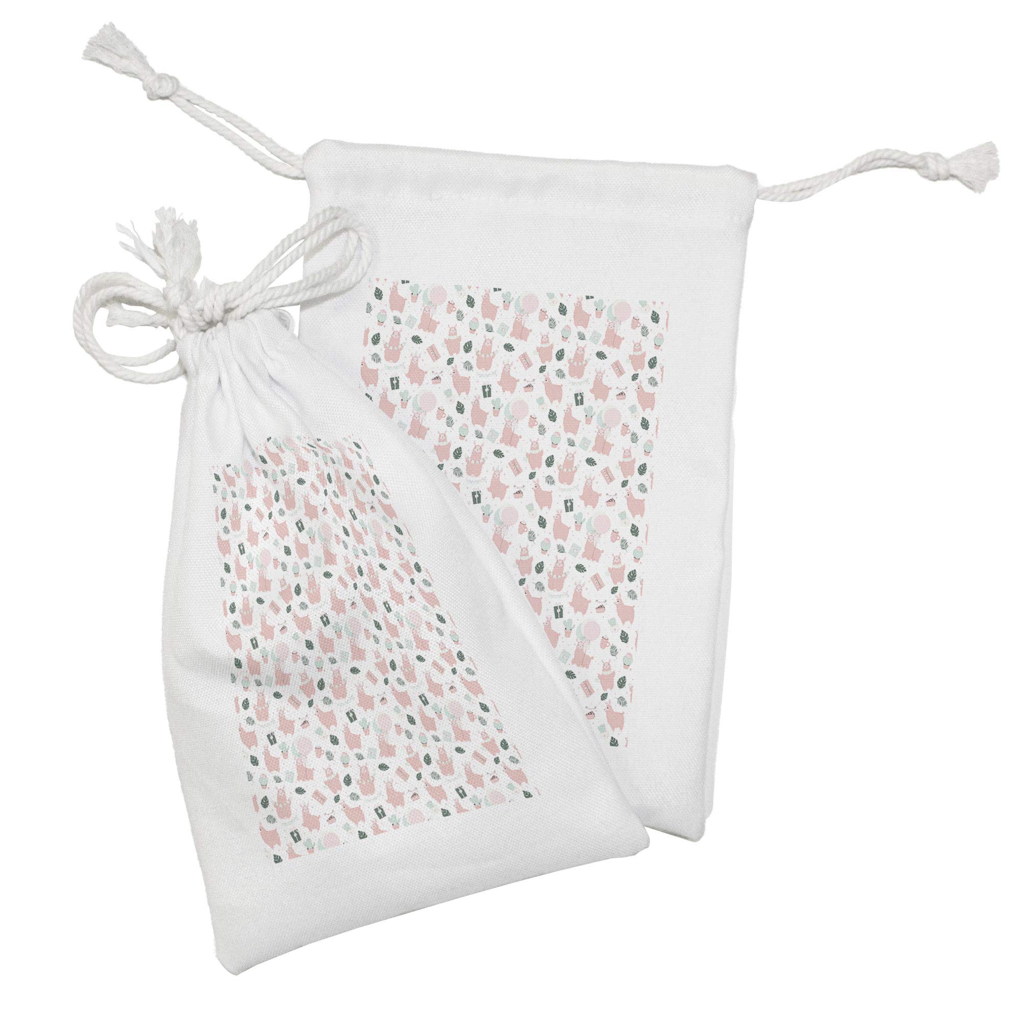 Ambesonne 2-Pack Llama Fabric Pouch Set - Fluffy Animal Cactus Cartoon Drawstring Bags (9