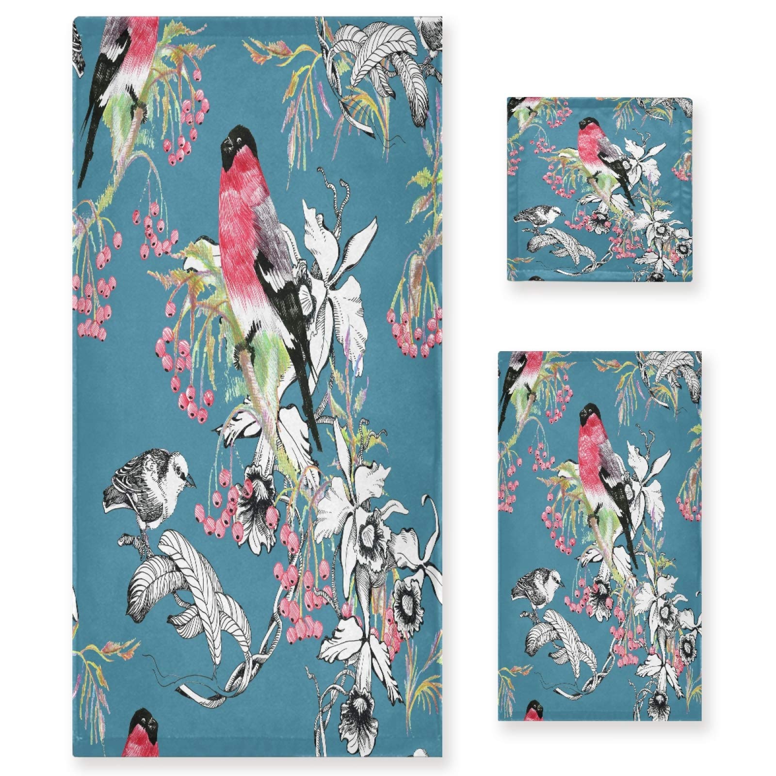 Bright Birds on Branch 3-Piece Bath Towel Set - Soft, Quick-Drying Cotton Bath Towel, Hand Towel & Washcloth for Bathroom, Guest Room & Spa | Luxury Home Decor