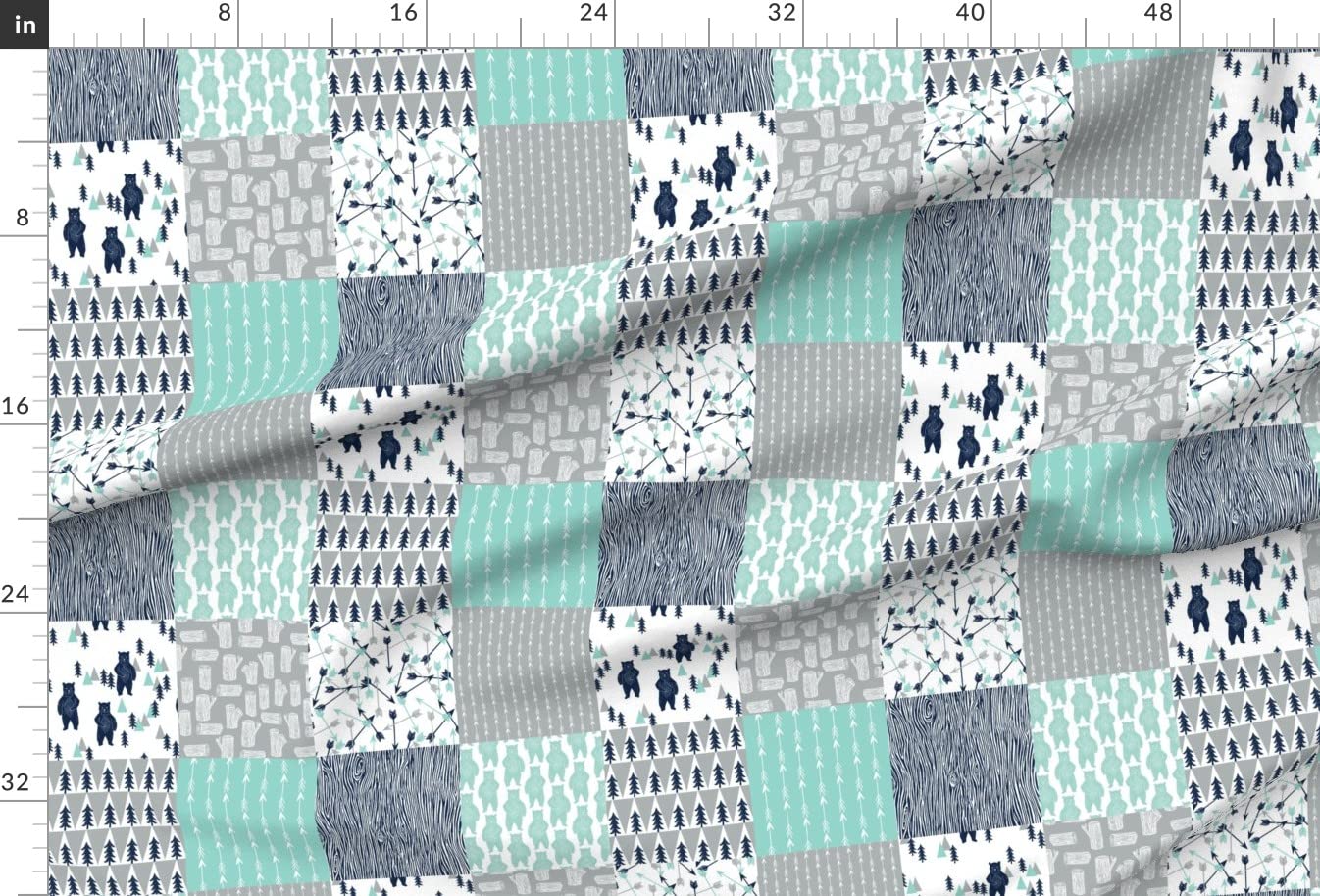 Forest Bear Quilt Navy Mint Grey Printed Velvet Fabric by Spoonflower - Upholstery, Home Decor & Apparel Material - Perfect for Kids Nursery, Boys Room & DIY Quilting Projects