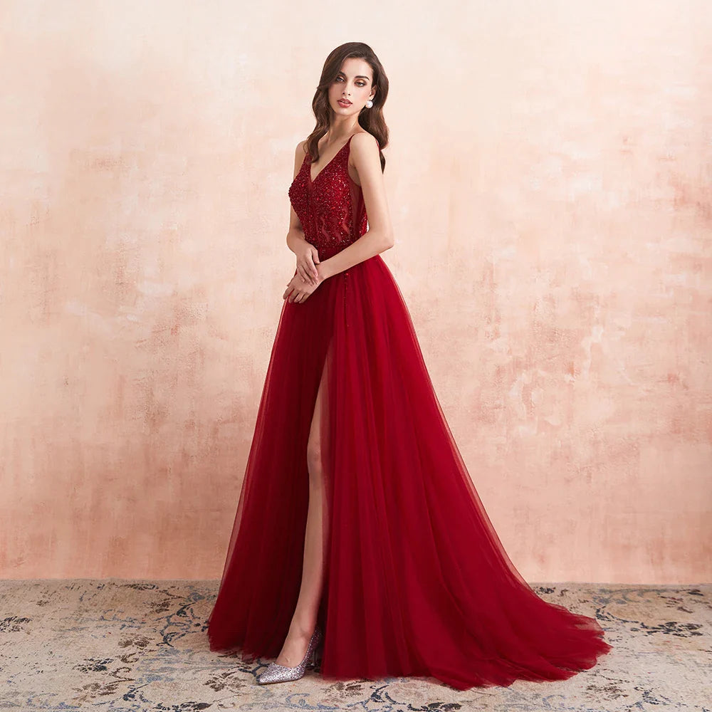 Elegant Beaded Prom Dresses - Long Sexy V-Neck High Slit Tulle Evening Gown with Sweep Train | Sleeveless A-Line Backless Formal Dress for Homecoming, Wedding, Party & Special Occasions