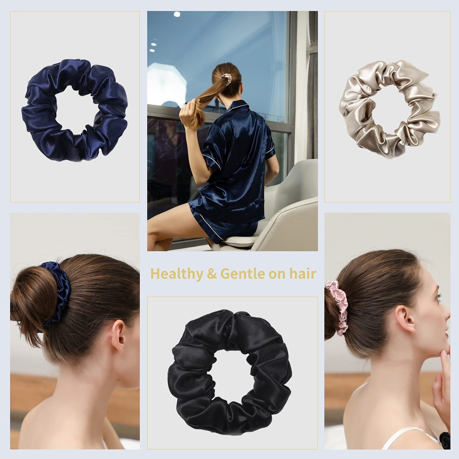Shidara Mulberry Silk Hair Scrunchies for Women & Girls - Soft Ponytail Holders & Hair Bands (Black, 12-Pack) | Perfect for Workouts, Office, and Everyday Styling