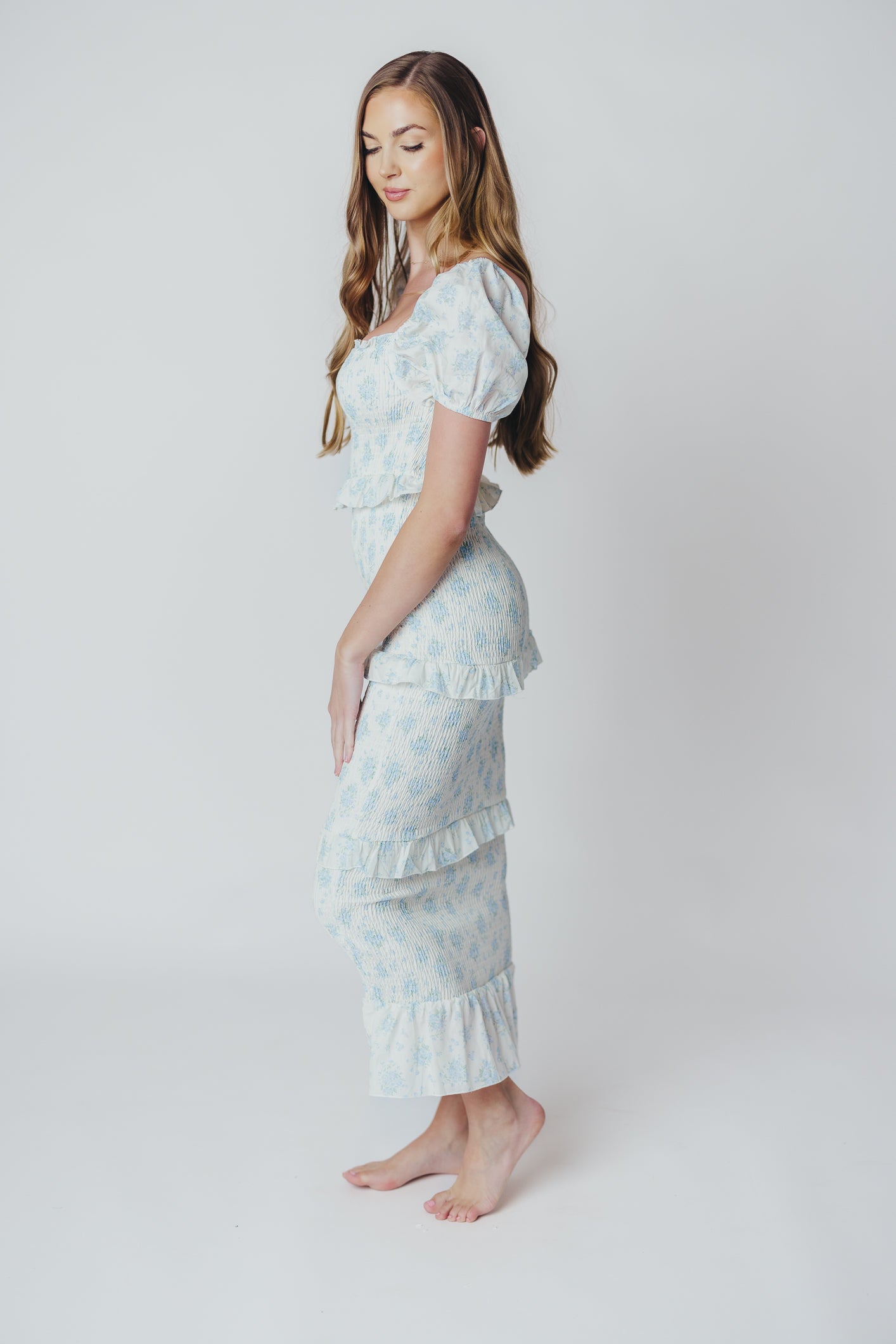 Ada Smocked Dress in Blue Floral - Bump Friendly Maternity Dress with Inclusive Sizing (S-3XL) | Perfect for Baby Showers, Bridal Events & Summer Weddings