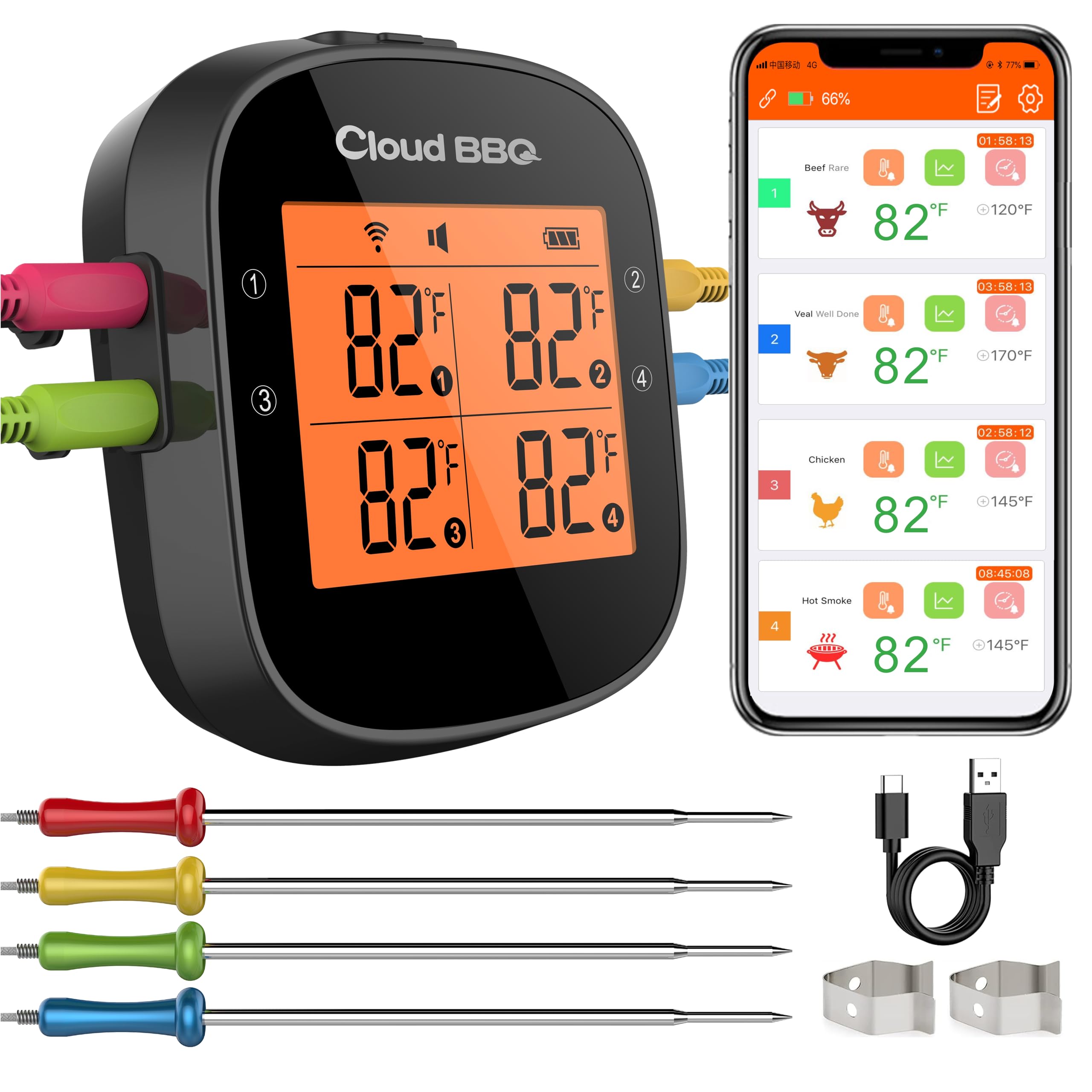 500FT Wireless Bluetooth Meat Thermometer with 4 Probes - Digital Kitchen Cooking Thermometer for Grilling, Smoking, Oven & BBQ - Perfect for Backyard Cookouts, Camping & Home Chefs (FS-52)
