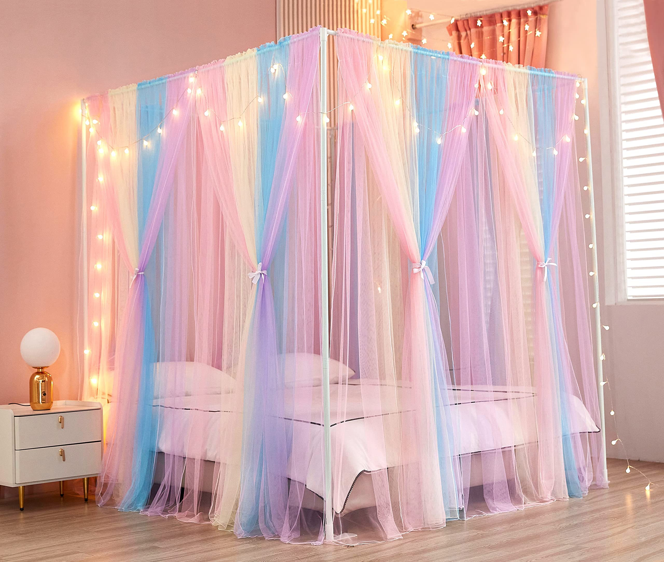 Rainbow Canopy Bed Curtains with LED Lights - 8 Panel Bed Drapes Netting for Twin Size Beds, Dreamy Bedroom Decor for Girls & Adults - Perfect for Romantic Nights, Boho Bedroom Makeover and Cozy Reading Nook