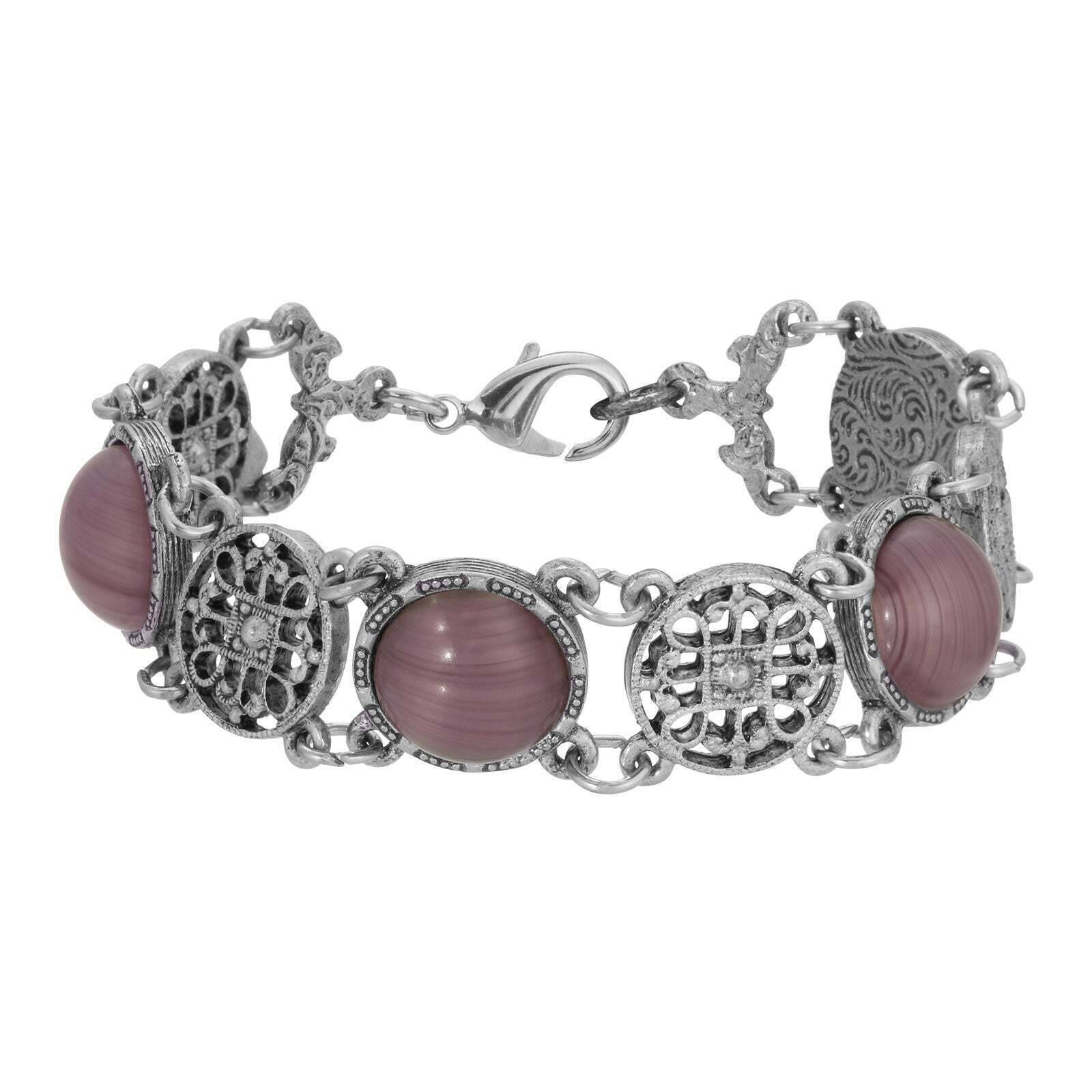 1928 Vintage Jewelry Meso Round Intricate Filigree Purple Amethyst Quartz Glass Link Bracelet - Elegant Statement Piece for Evening Parties & Special Occasions