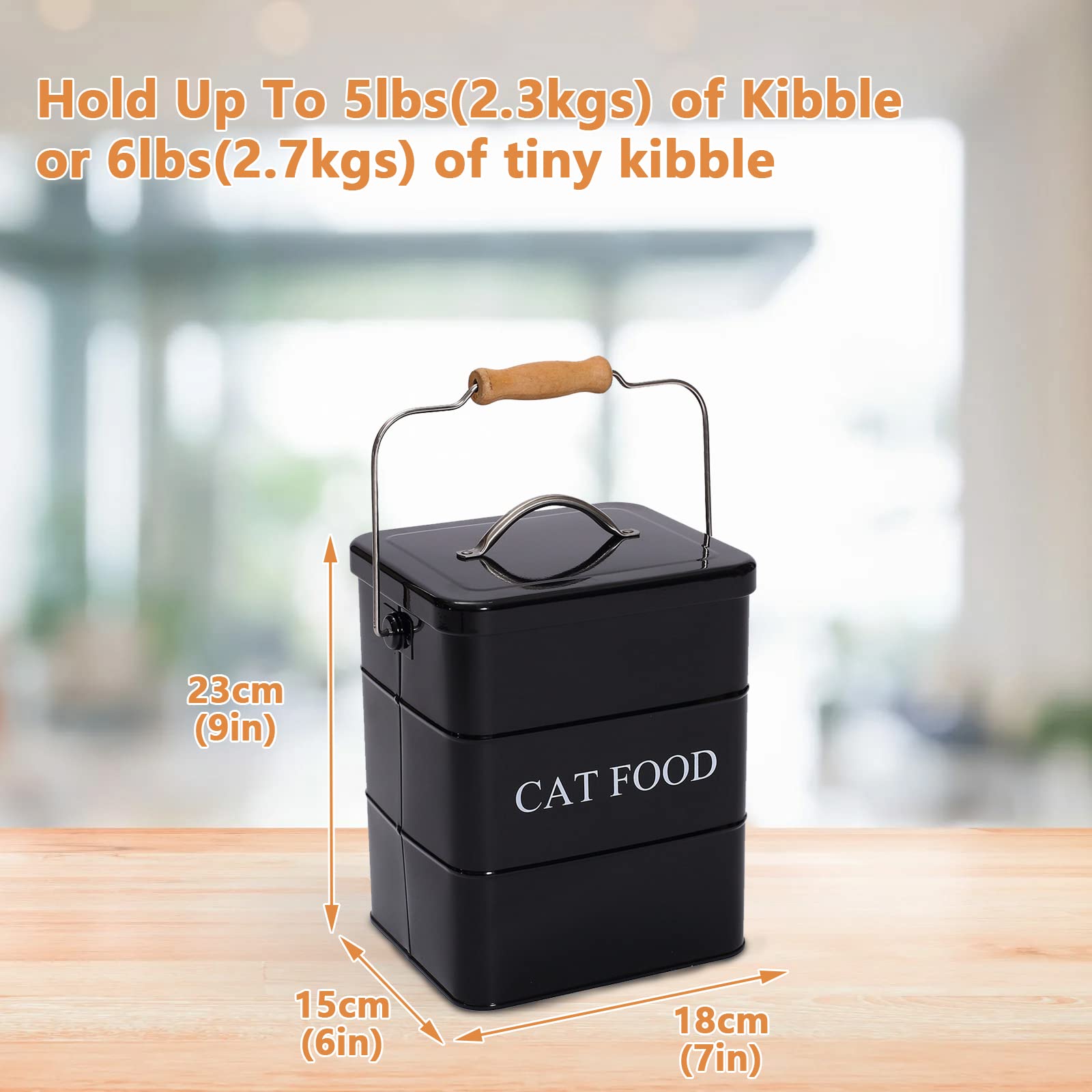 Premium Cat Treats & Food Storage Tin with Lid & Spoon - Airtight Pet Food Container for Freshness - Medium Size, Black - Perfect for Travel, Home & Kitchen Use