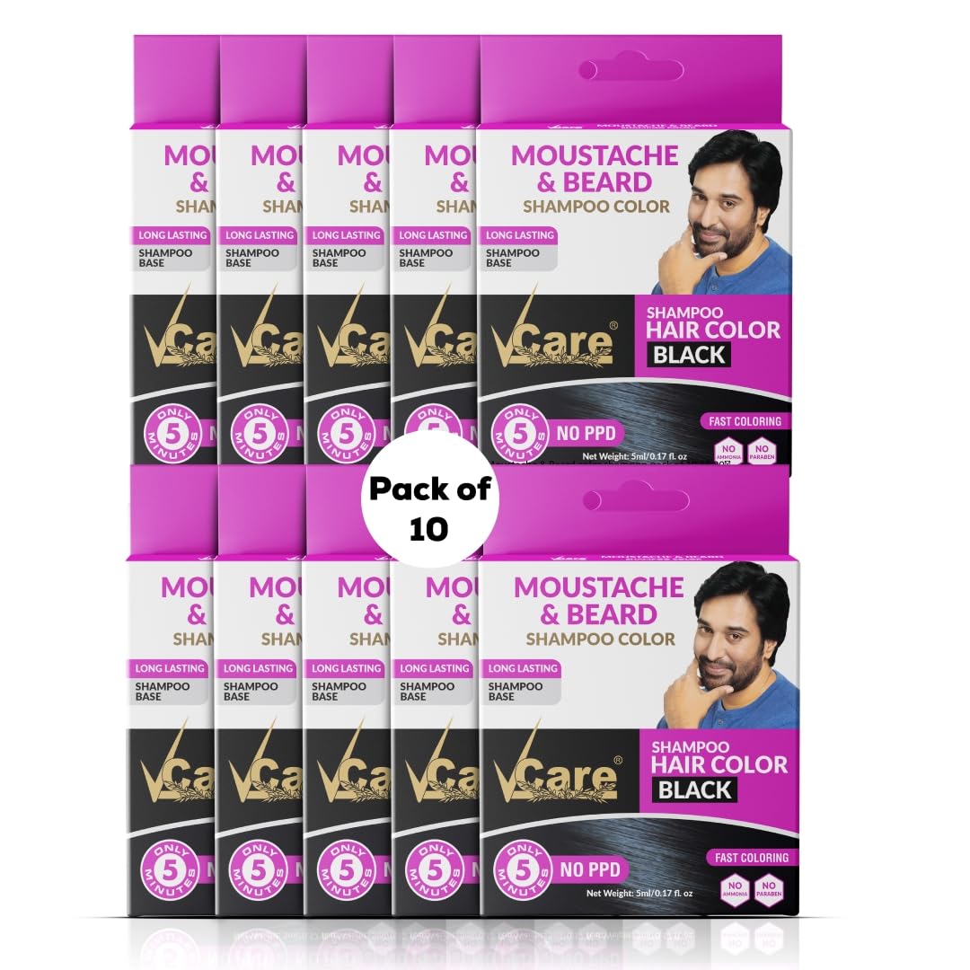 VCare Moustache & Beard Color Shampoo for Men - Natural Black Hair Dye Conditioner | Ammonia-Free, Paraben-Free, PPD-Free | 5ml (Pack of 10) | Perfect for At-Home Grooming & Touch-Ups
